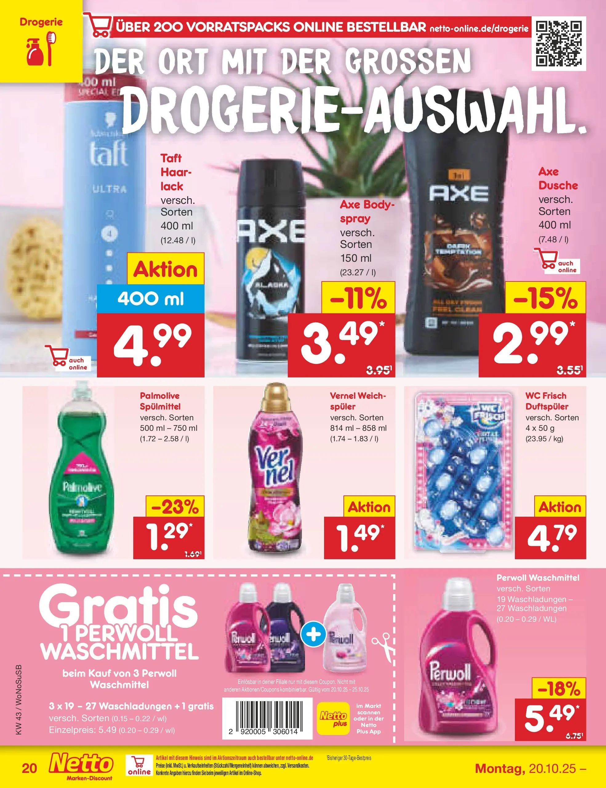 Netto Marken-Discount prospekt Frankfurt (ab 19.10.2025) » Angebote | Seite: 22 | Produkte: Perwoll, Wc frisch, Axe, Vernel Netto Marken-Discount prospekt Frankfurt (ab 19.10.2025) » Angebote | Seite: 22 | Produkte: Perwoll, Wc frisch, Axe, Vernel