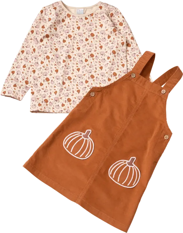 ALANA Set mit Langarmshirt mit Kürbis-Muster & Cord-Latzkleid, braun + rosa, Gr. 98