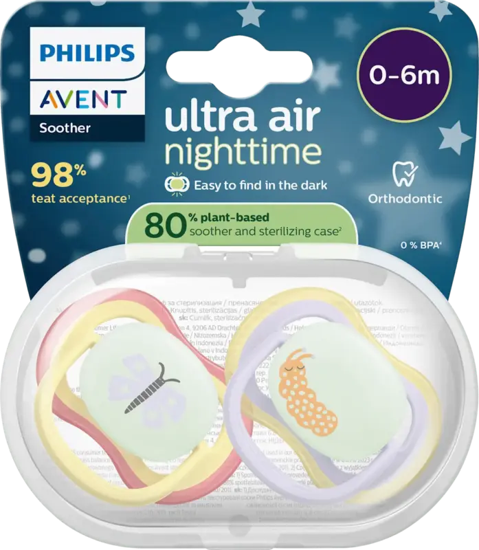PHILIPS AVENT Schnuller ultra air nighttime Silikon, gelb/lila, 0-6 Monate