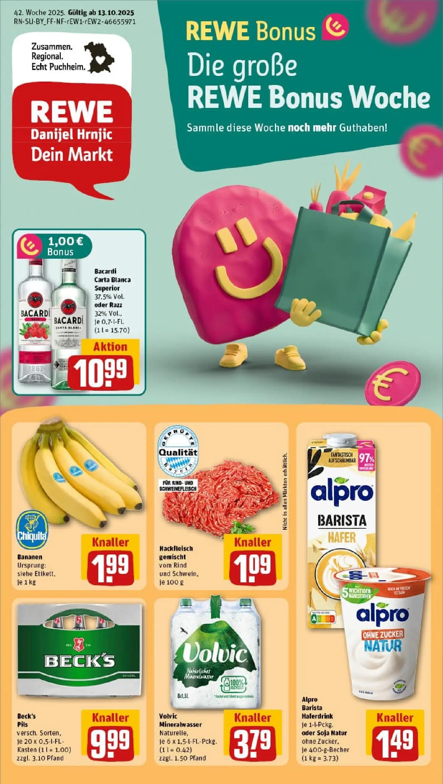 REWE Prospekt ab 13.10.2025 zum Blättern » Angebote | Seite: 1 | Produkte: Bacardi, Rum, Pils, Mineralwasser