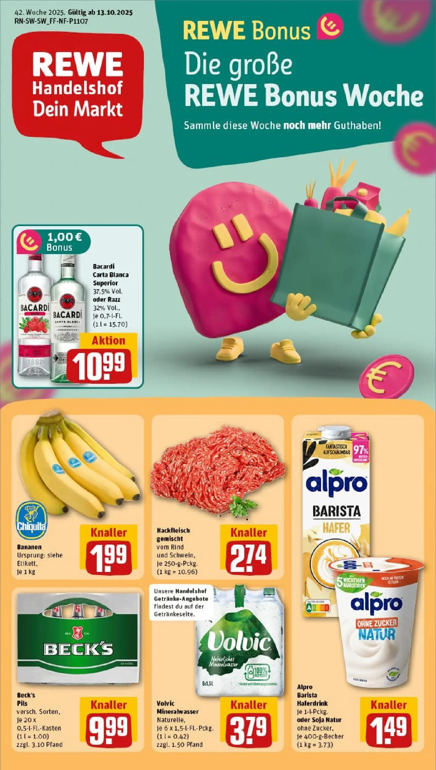 REWE Prospekt ab 13.10.2025 zum Blättern » Angebote | Seite: 1 | Produkte: Rum, Pils, Bananen, Zucker