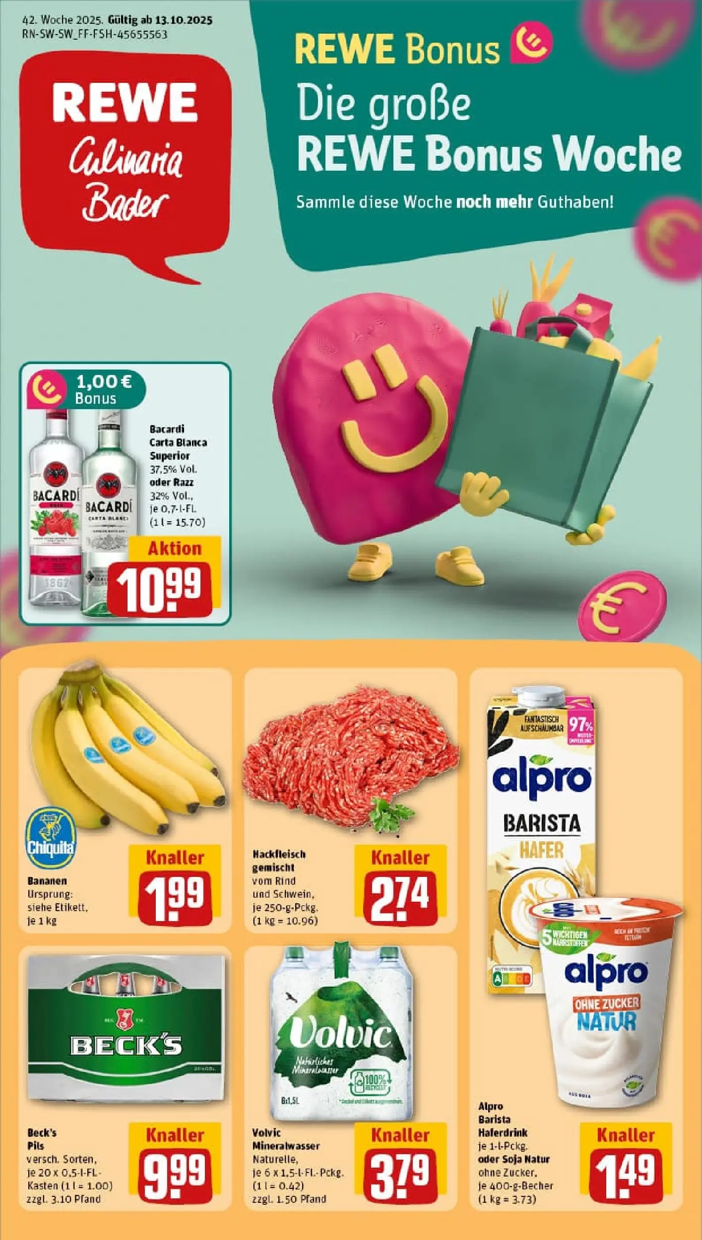 REWE Prospekt ab 13.10.2025 zum Blättern » Angebote | Seite: 1 | Produkte: Bacardi, Mineralwasser, Haferdrink, Alpro