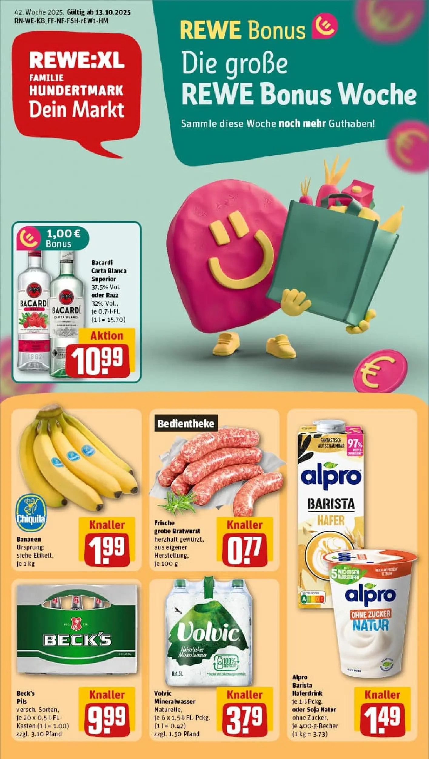 REWE Prospekt ab 13.10.2025 zum Blättern » Angebote | Seite: 1 | Produkte: Rum, Pils, Bananen, Volvic