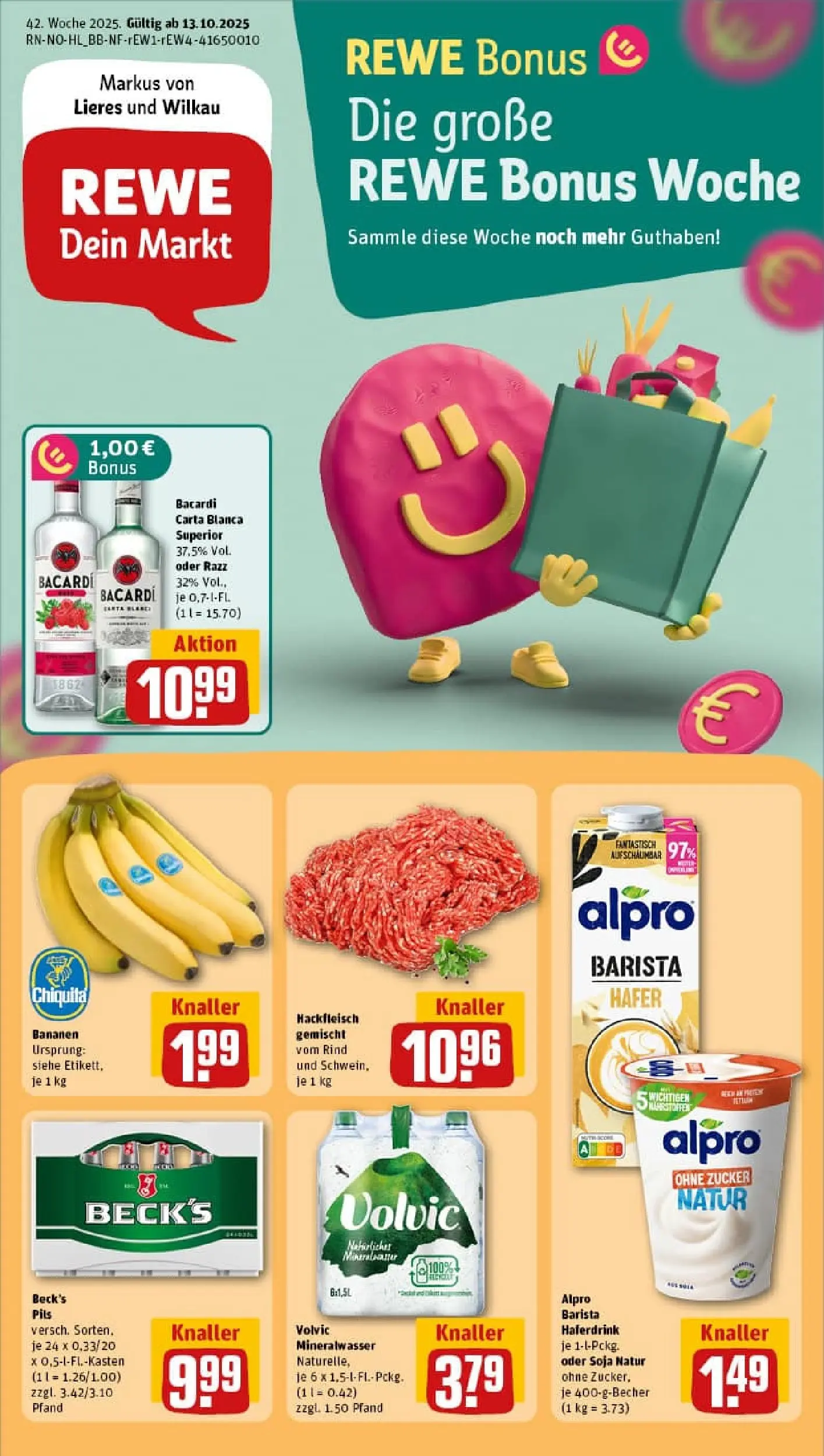 REWE Prospekt ab 13.10.2025 zum Blättern » Angebote | Seite: 1 | Produkte: Bacardi, Pils, Zucker, Hackfleisch
