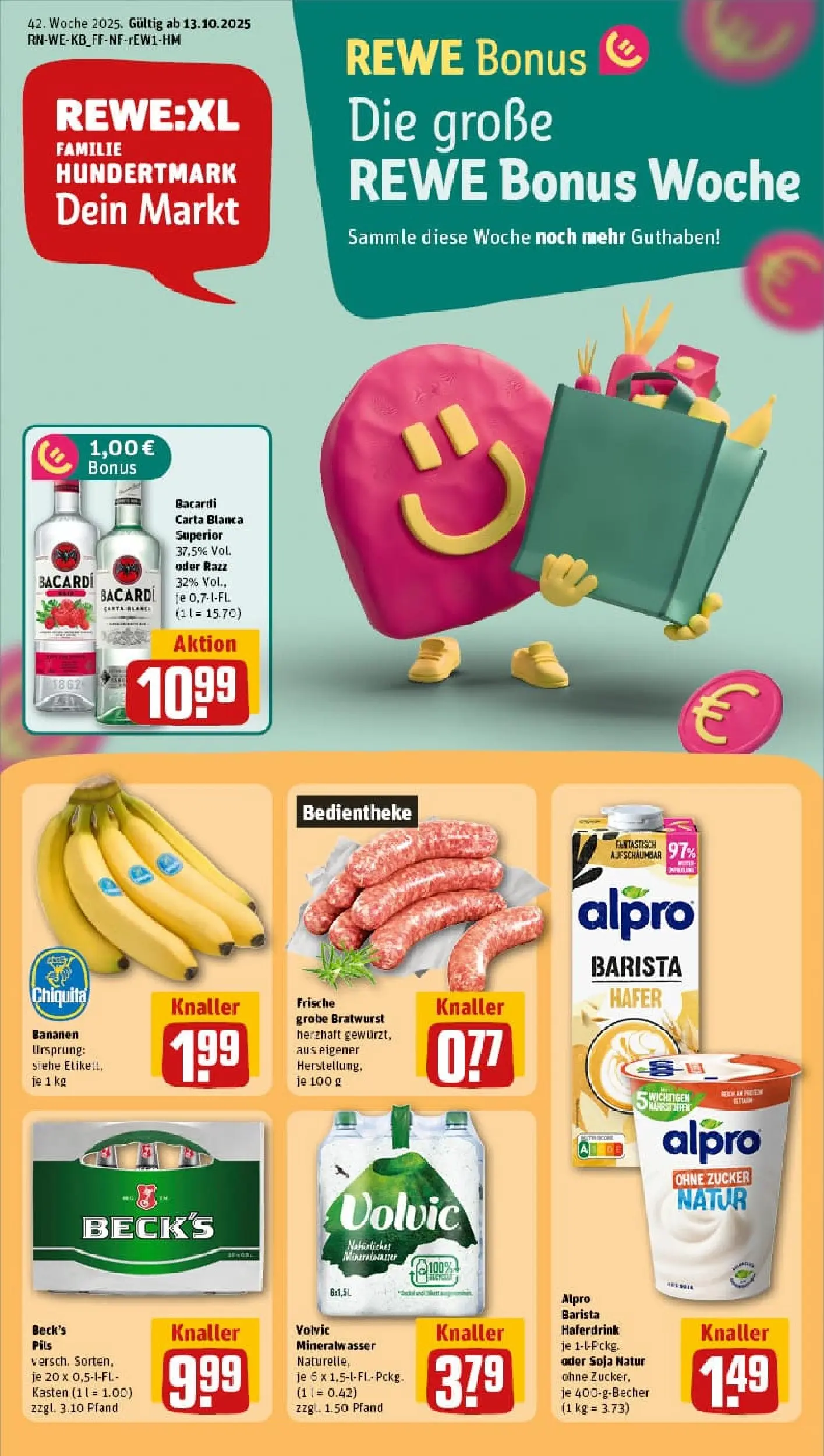 REWE Prospekt ab 13.10.2025 zum Blättern » Angebote | Seite: 1 | Produkte: Bacardi, Mineralwasser, Zucker, Volvic