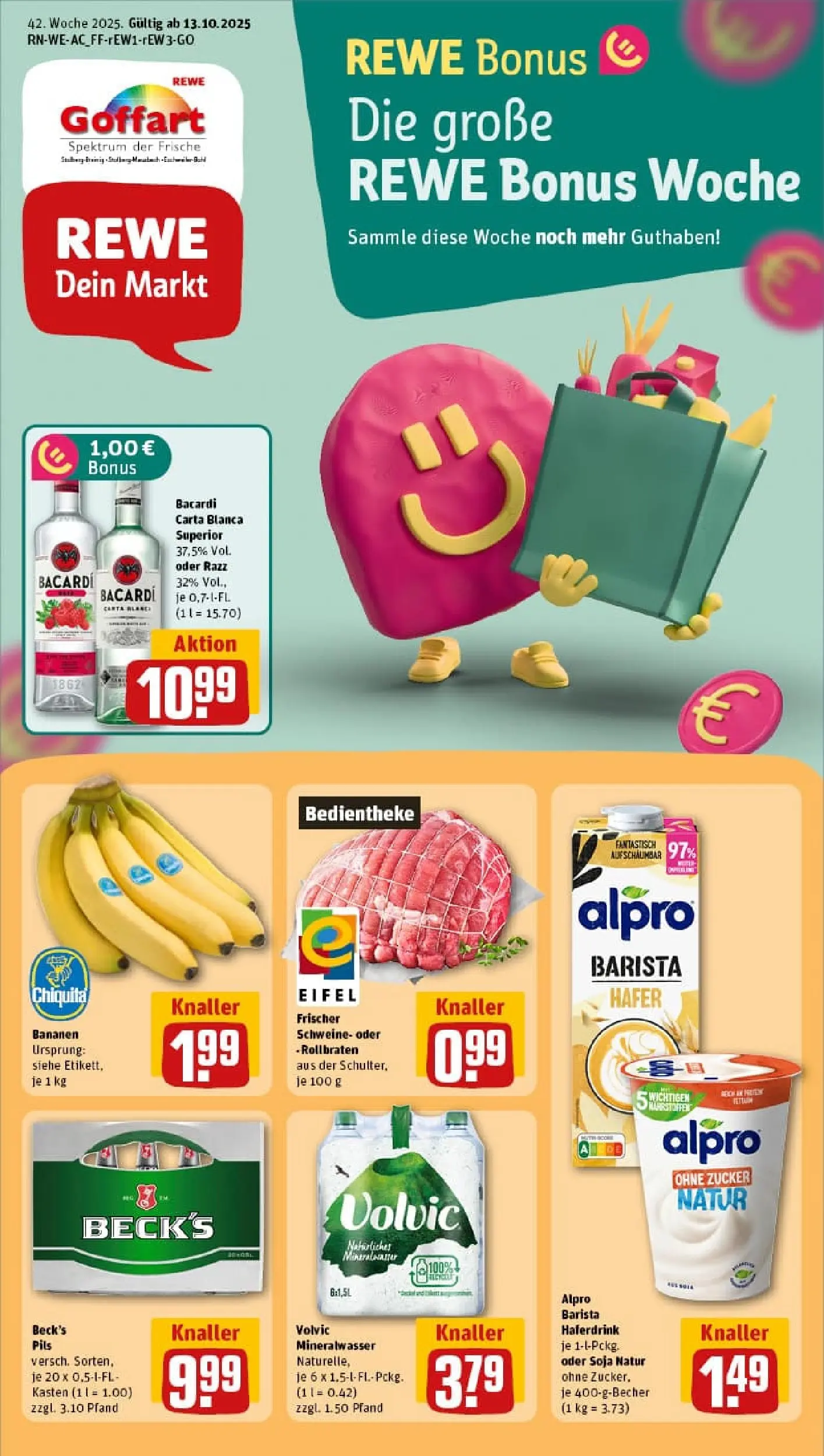 REWE Prospekt ab 13.10.2025 zum Blättern » Angebote | Seite: 1 | Produkte: Bacardi, Pils, Mineralwasser, Alpro
