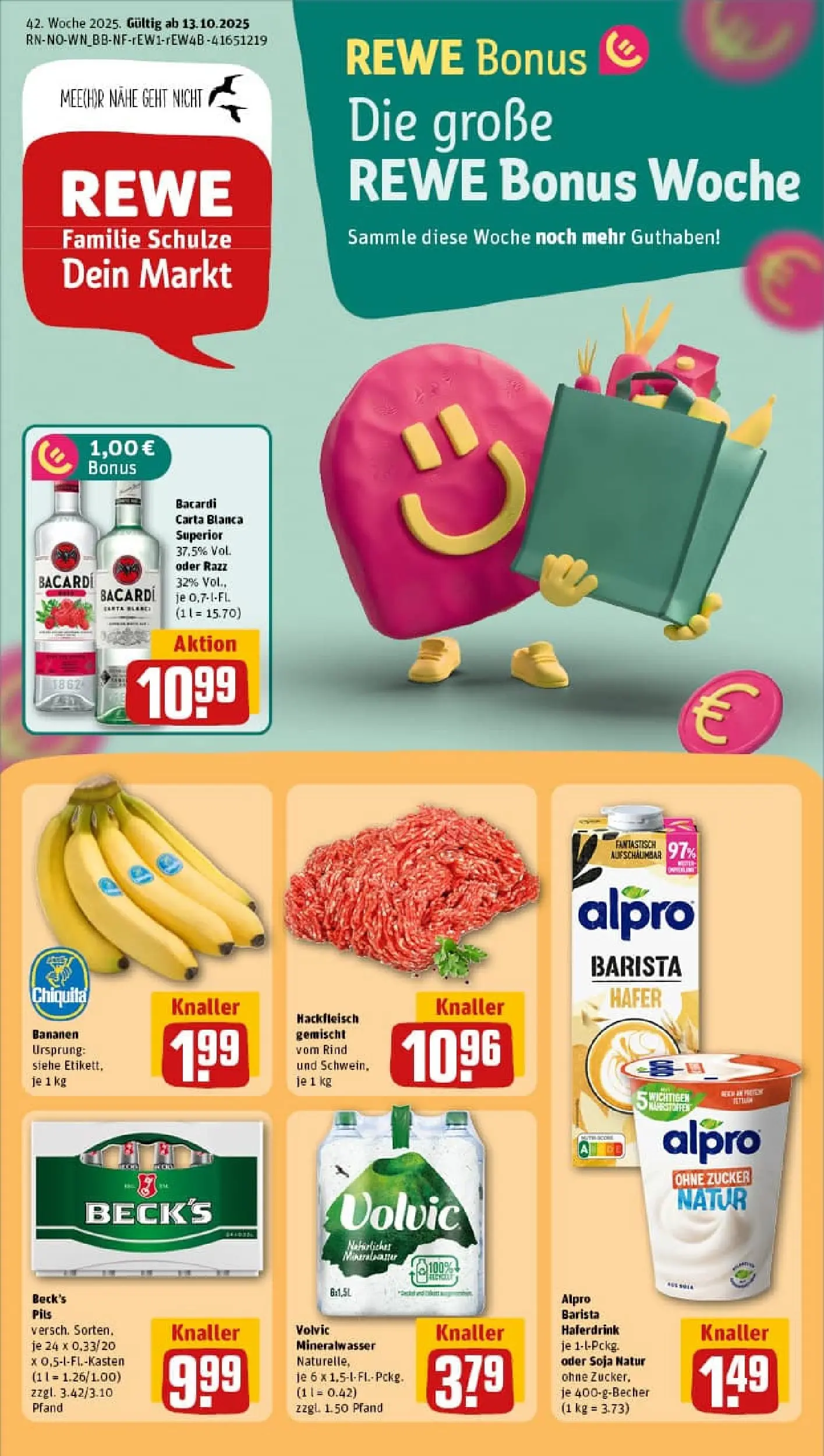 REWE Prospekt ab 13.10.2025 zum Blättern » Angebote | Seite: 1 | Produkte: Pils, Bananen, Haferdrink, Alpro