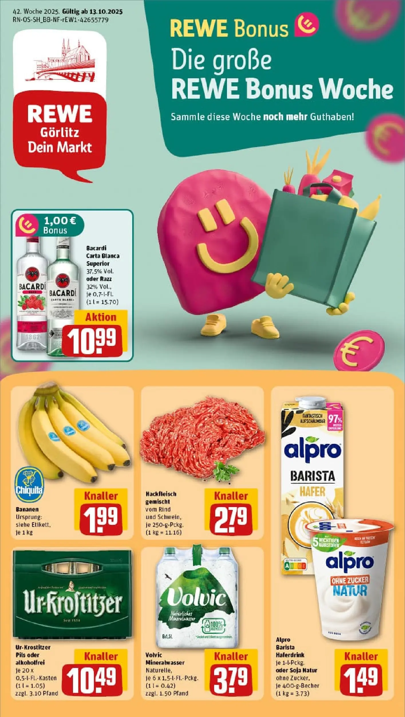 REWE Prospekt ab 13.10.2025 zum Blättern » Angebote | Seite: 1 | Produkte: Rum, Mineralwasser, Haferdrink, Hackfleisch