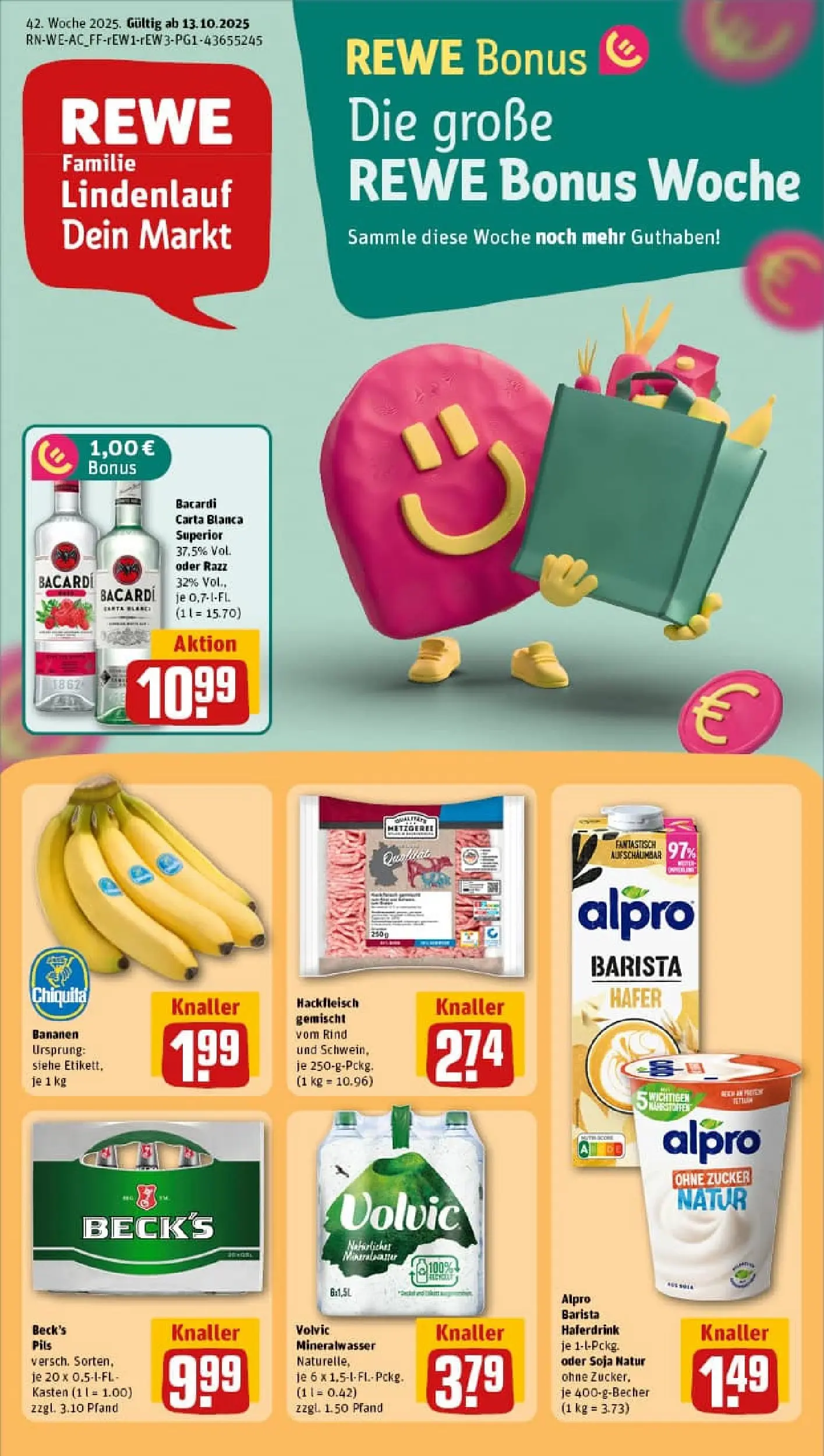 REWE Prospekt ab 13.10.2025 zum Blättern » Angebote | Seite: 1 | Produkte: Bacardi, Bananen, Zucker, Volvic