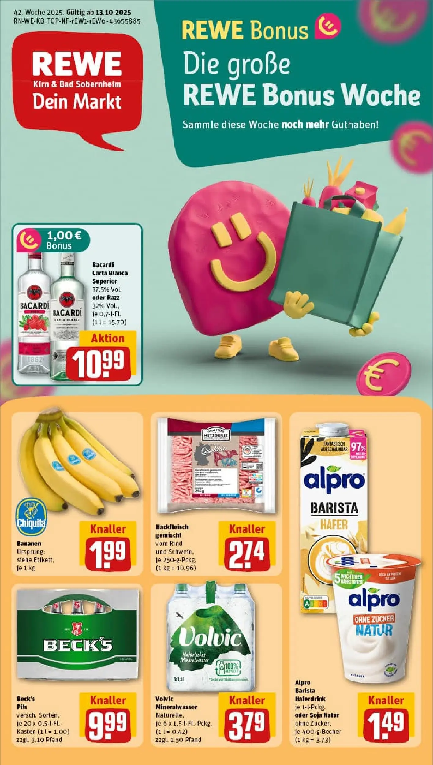REWE Prospekt ab 13.10.2025 zum Blättern » Angebote | Seite: 1 | Produkte: Bad, Pils, Mineralwasser, Alpro