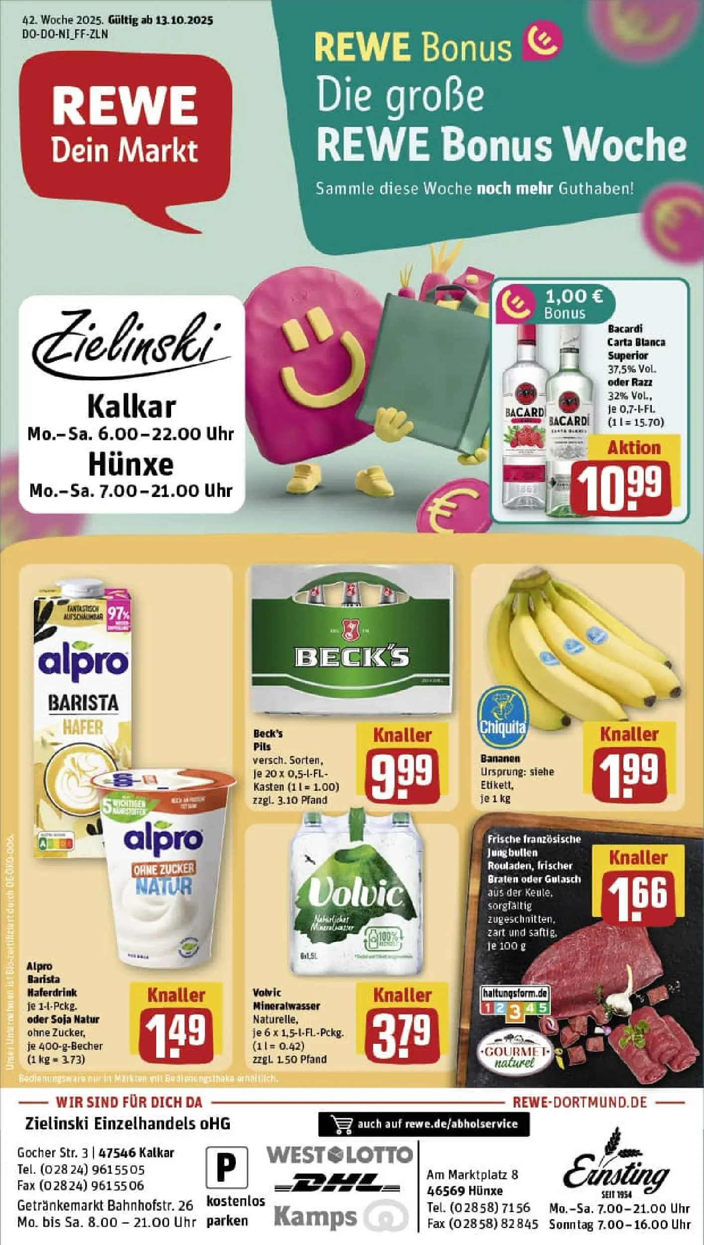 REWE Prospekt ab 13.10.2025 zum Blättern » Angebote | Seite: 1 | Produkte: Rum, Bananen, Haferdrink, Gulasch