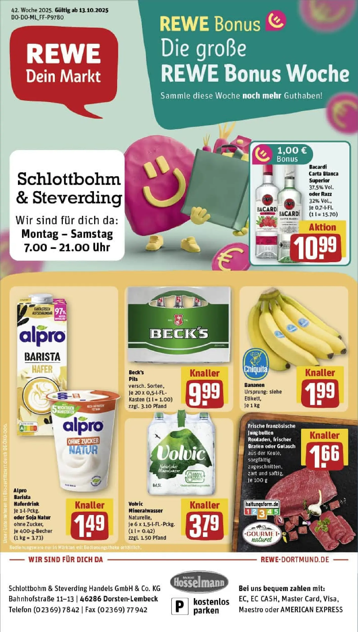 REWE Prospekt ab 13.10.2025 zum Blättern » Angebote | Seite: 1 | Produkte: Rum, Pils, Alpro, Uhr