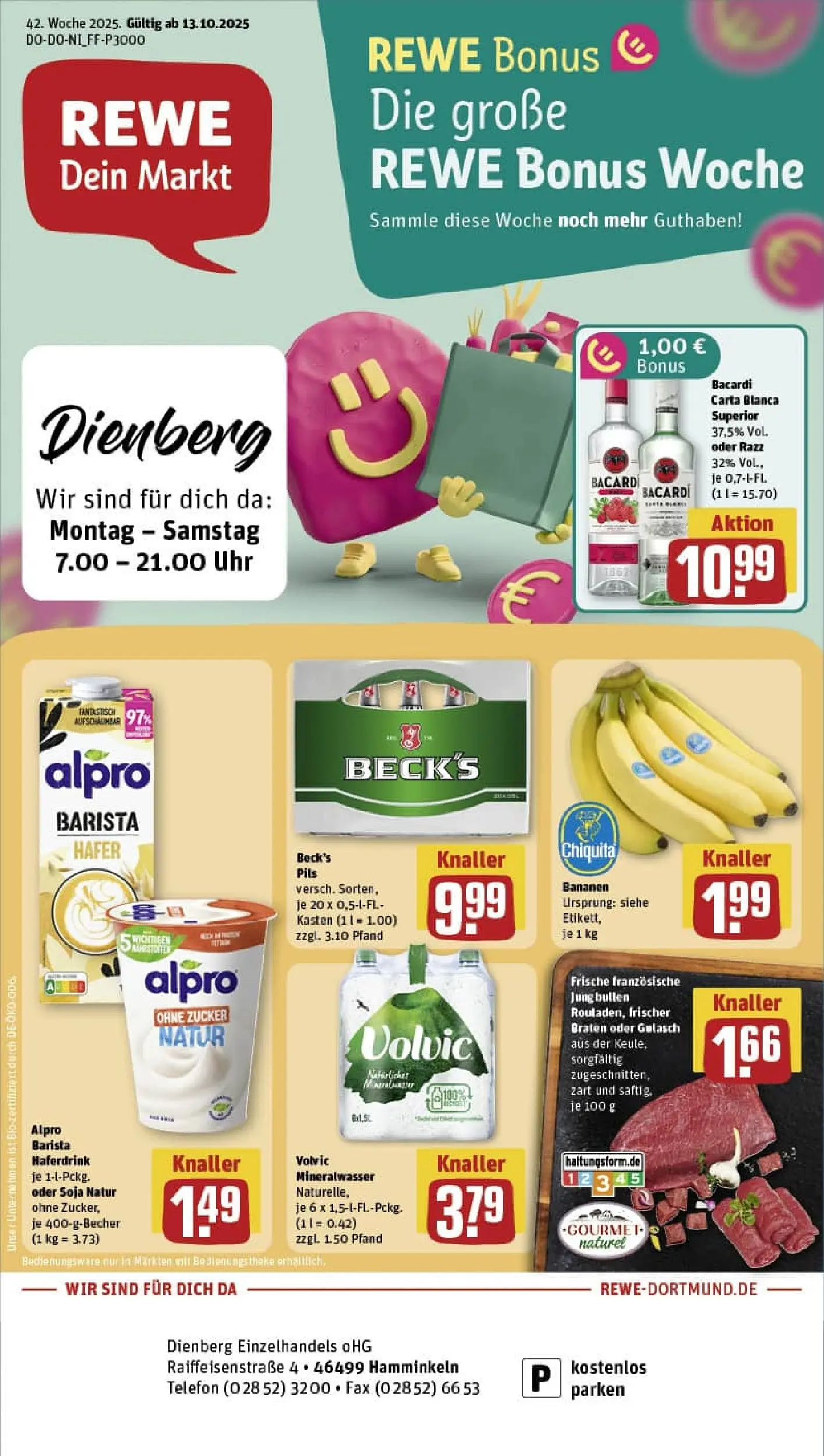 REWE Prospekt ab 13.10.2025 zum Blättern » Angebote | Seite: 1 | Produkte: Bacardi, Mineralwasser, Alpro, Gulasch