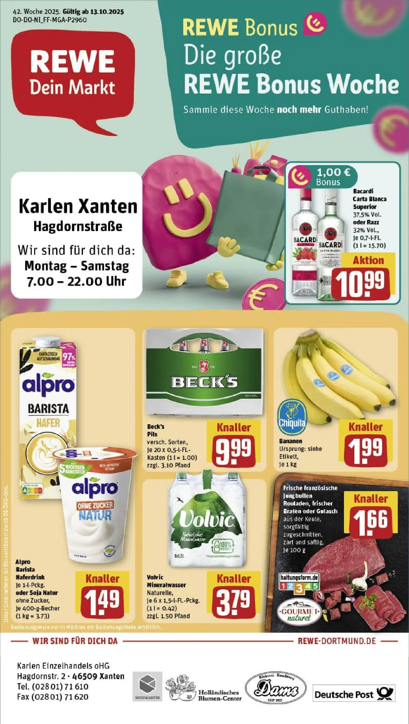 REWE Prospekt ab 13.10.2025 zum Blättern » Angebote | Seite: 1 | Produkte: Pils, Bananen, Gulasch, Volvic