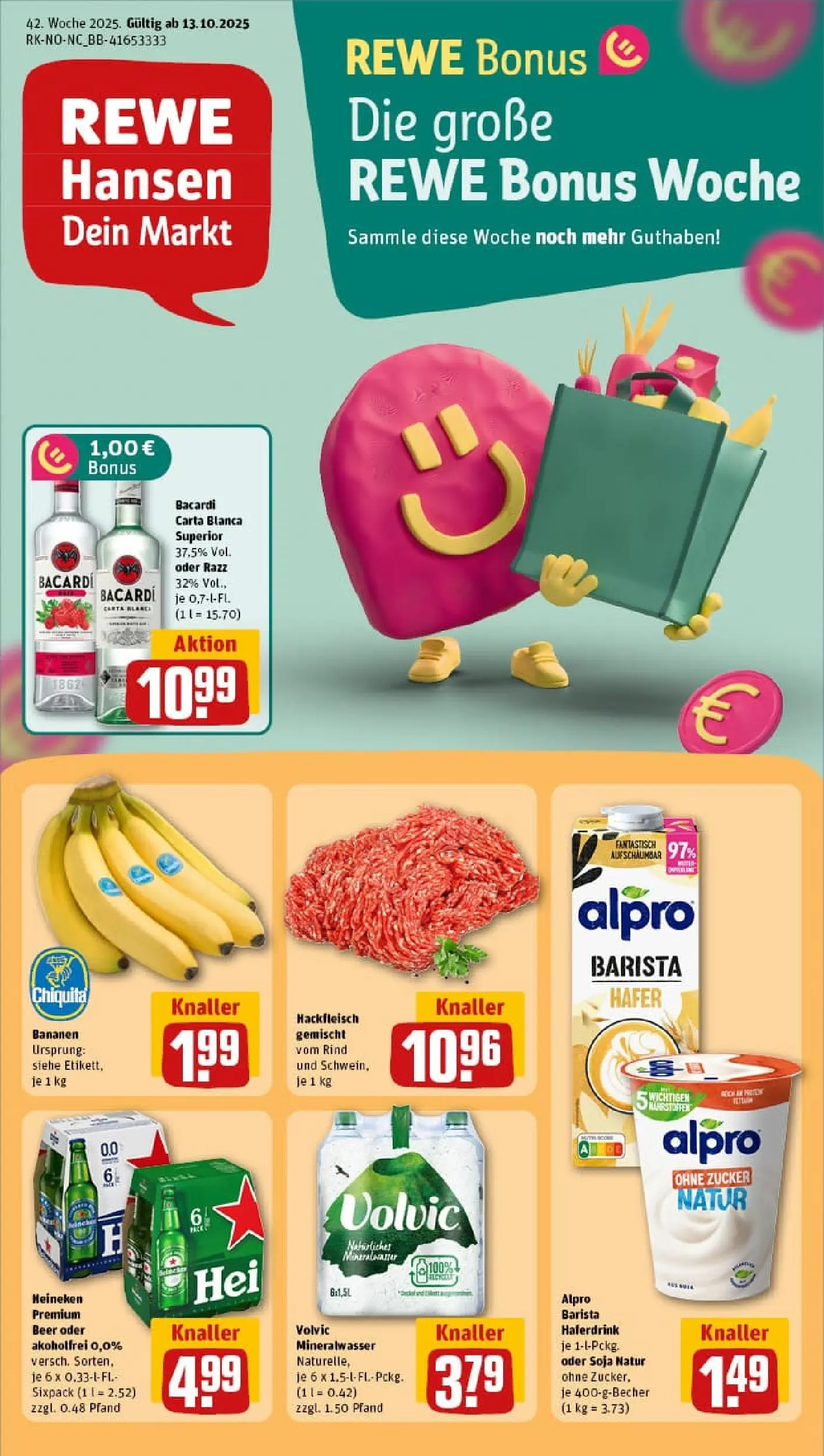 REWE Prospekt ab 13.10.2025 zum Blättern » Angebote | Seite: 1 | Produkte: Bacardi, Mineralwasser, Volvic, Hackfleisch