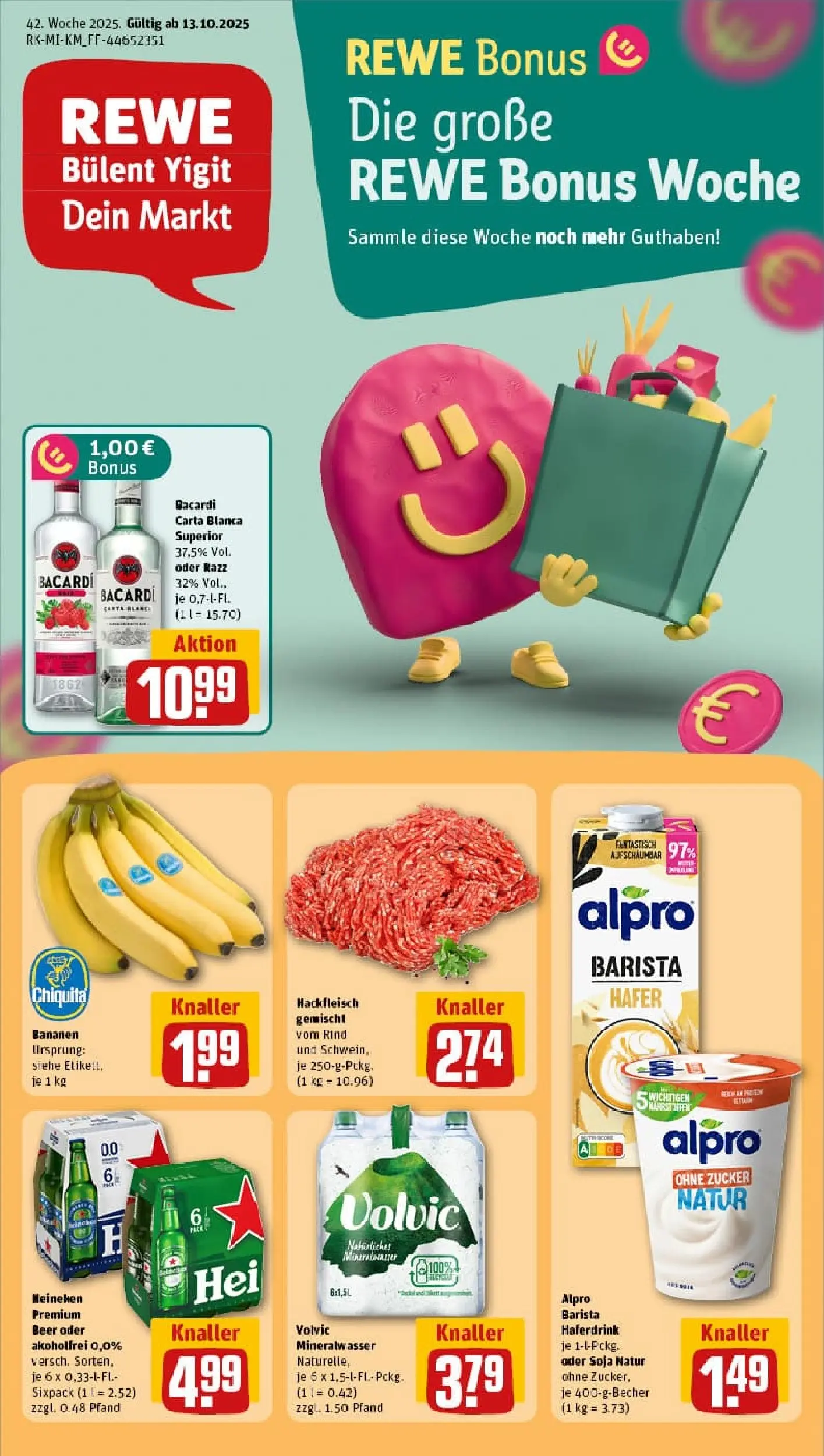 REWE Prospekt ab 13.10.2025 zum Blättern » Angebote | Seite: 1 | Produkte: Bacardi, Haferdrink, Zucker, Hackfleisch