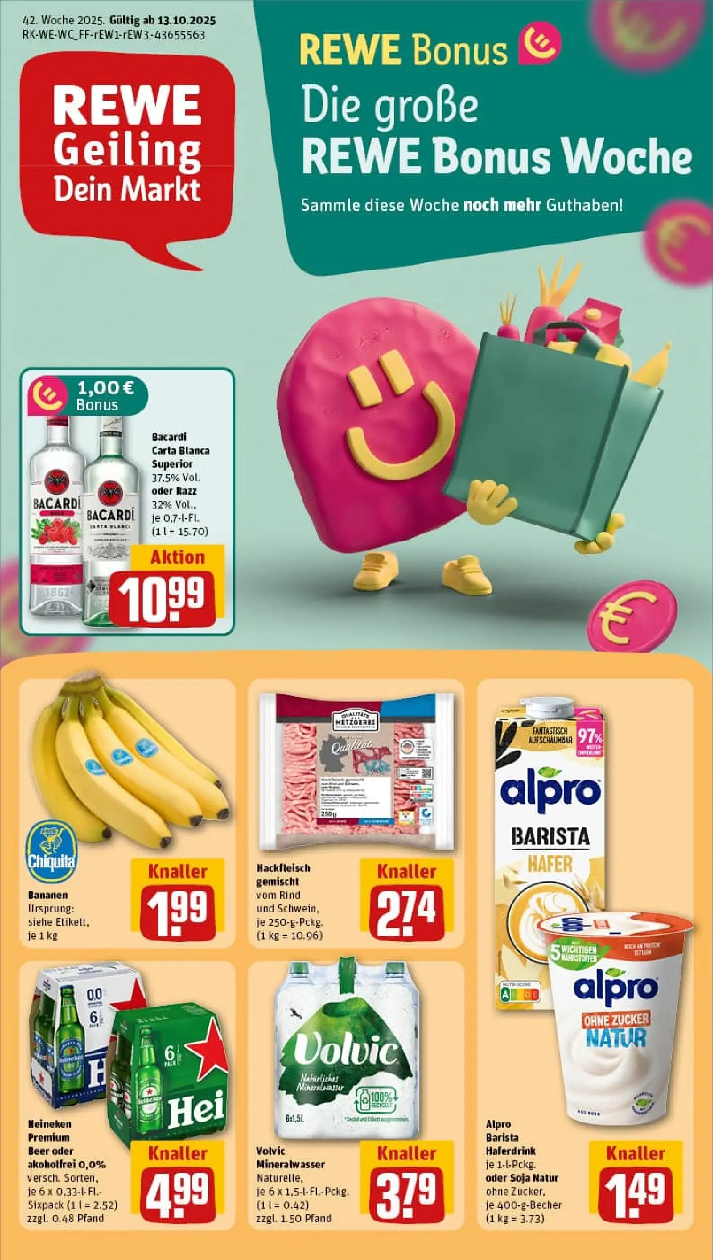 REWE Prospekt ab 13.10.2025 zum Blättern » Angebote | Seite: 1 | Produkte: Heineken, Alpro, Volvic, Hackfleisch