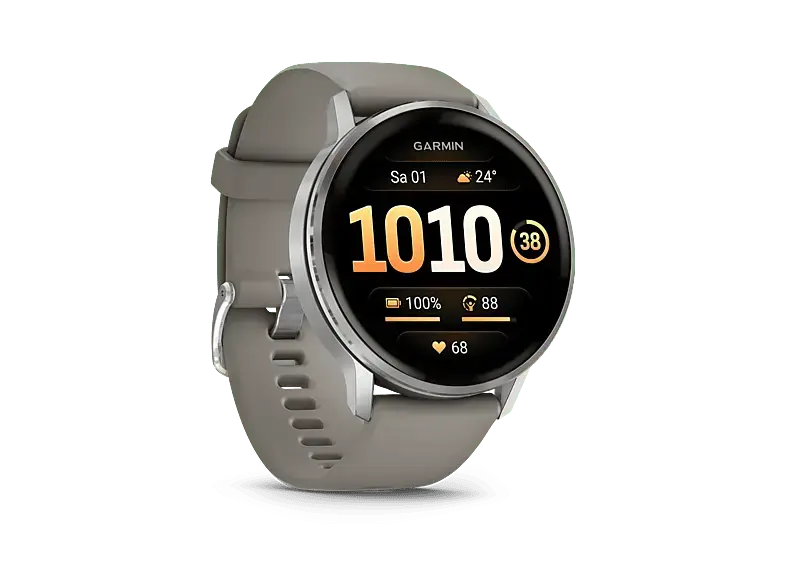 Garmin Venu 4 Fitness-Smartwatch, 45mm, Schwarz/Silber mit Schnellwechsel-Silikon-Armband Grau