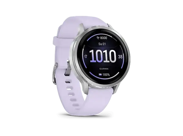 Garmin Venu 4 Fitness-Smartwatch, 41mm, Grau/Silber mit Schnellwechsel-Silikon-Armband Lavendel