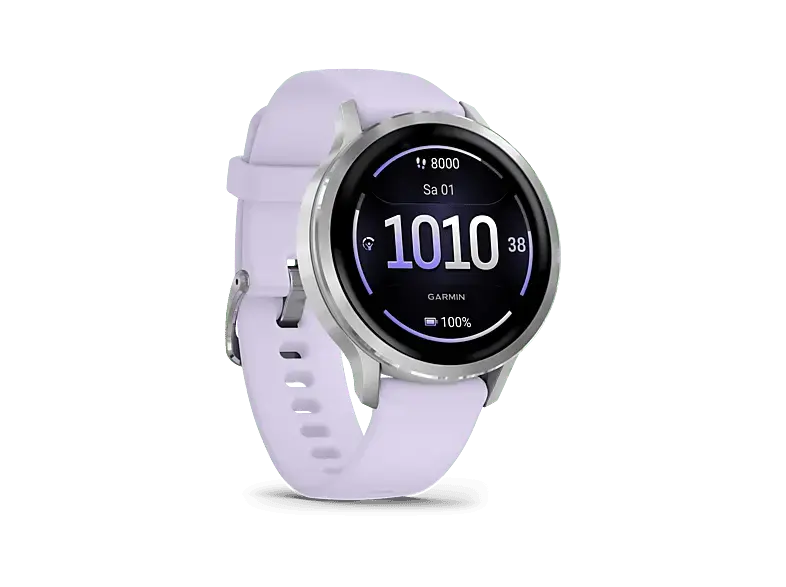 Garmin Venu 4 Fitness-Smartwatch, 41mm, Grau/Silber mit Schnellwechsel-Silikon-Armband Lavendel