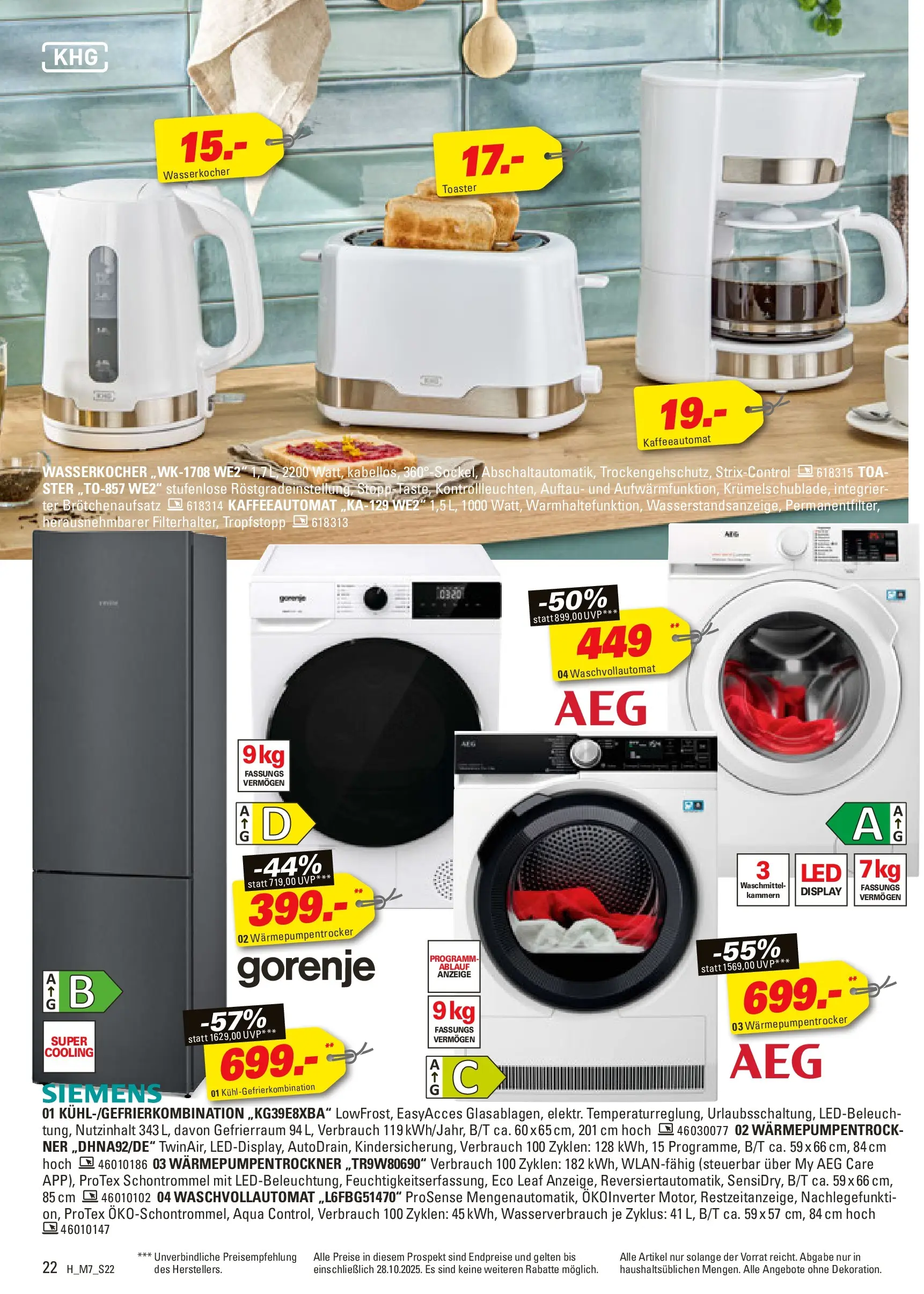 Höffner - Höffner: Möbelangebote (ab 14.10.2025) zum Blättern | Seite: 22 | Produkte: Siemens, AEG, Toaster, Kühlgefrierkombination