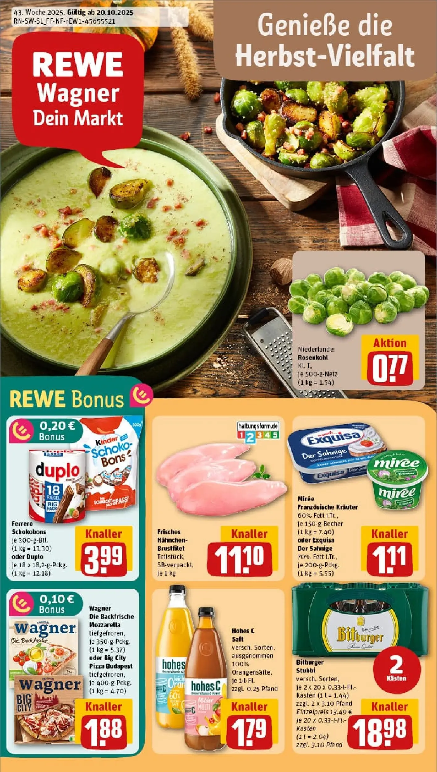 REWE Prospekt ab 19.10.2025 zum Blättern » Angebote | Seite: 1 | Produkte: Hahnchen, Exquisa, Hohes c, Saft