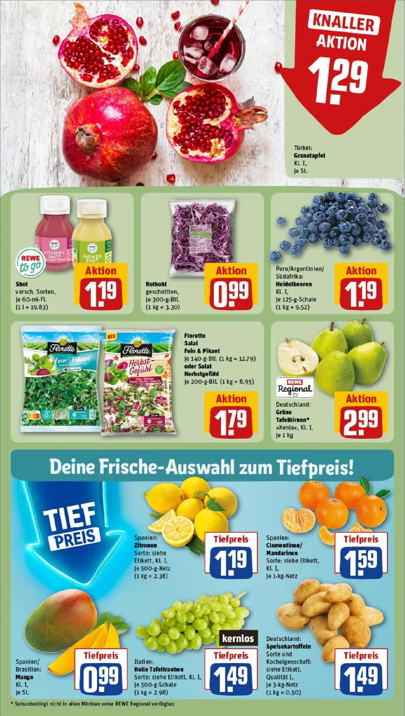 REWE Prospekt ab 19.10.2025 zum Blättern » Angebote | Seite: 8 | Produkte: Rotkohl, Heidelbeeren, Mango, Salat