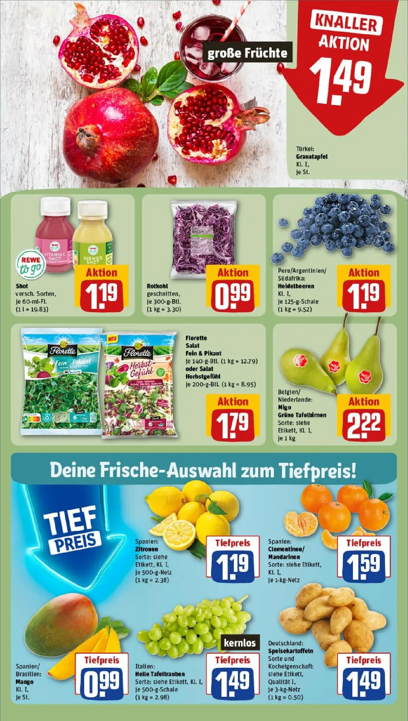 REWE Prospekt ab 19.10.2025 zum Blättern » Angebote | Seite: 8 | Produkte: Granatapfel, Rotkohl, Mandarinen, Zitronen