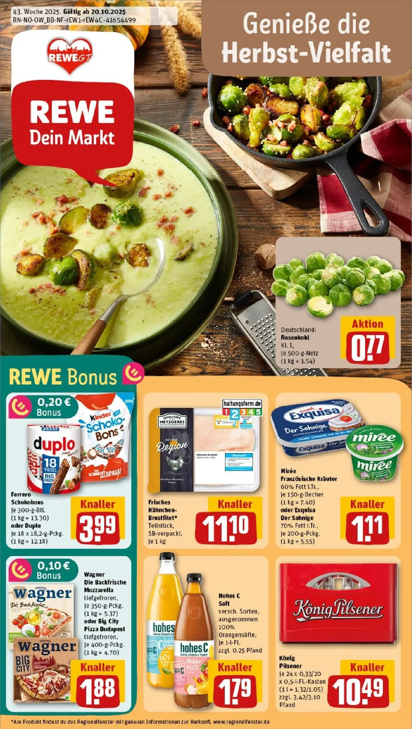 REWE Prospekt ab 19.10.2025 zum Blättern » Angebote | Seite: 1 | Produkte: Hahnchen, Exquisa, Hohes c, Pizza