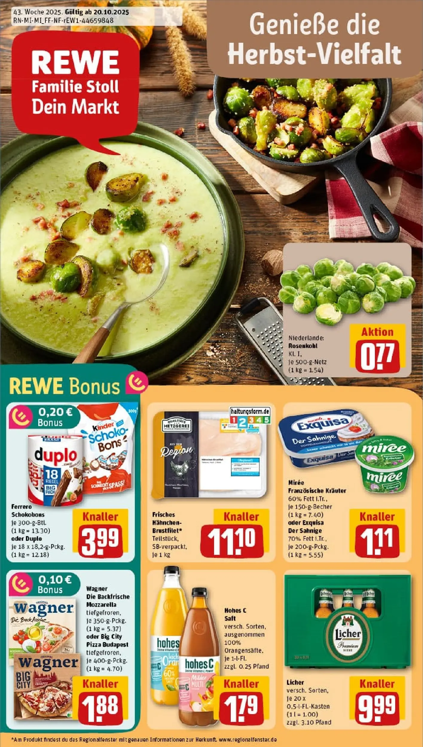REWE Prospekt ab 19.10.2025 zum Blättern » Angebote | Seite: 1 | Produkte: Hahnchen, Mozzarella, Exquisa, Pizza