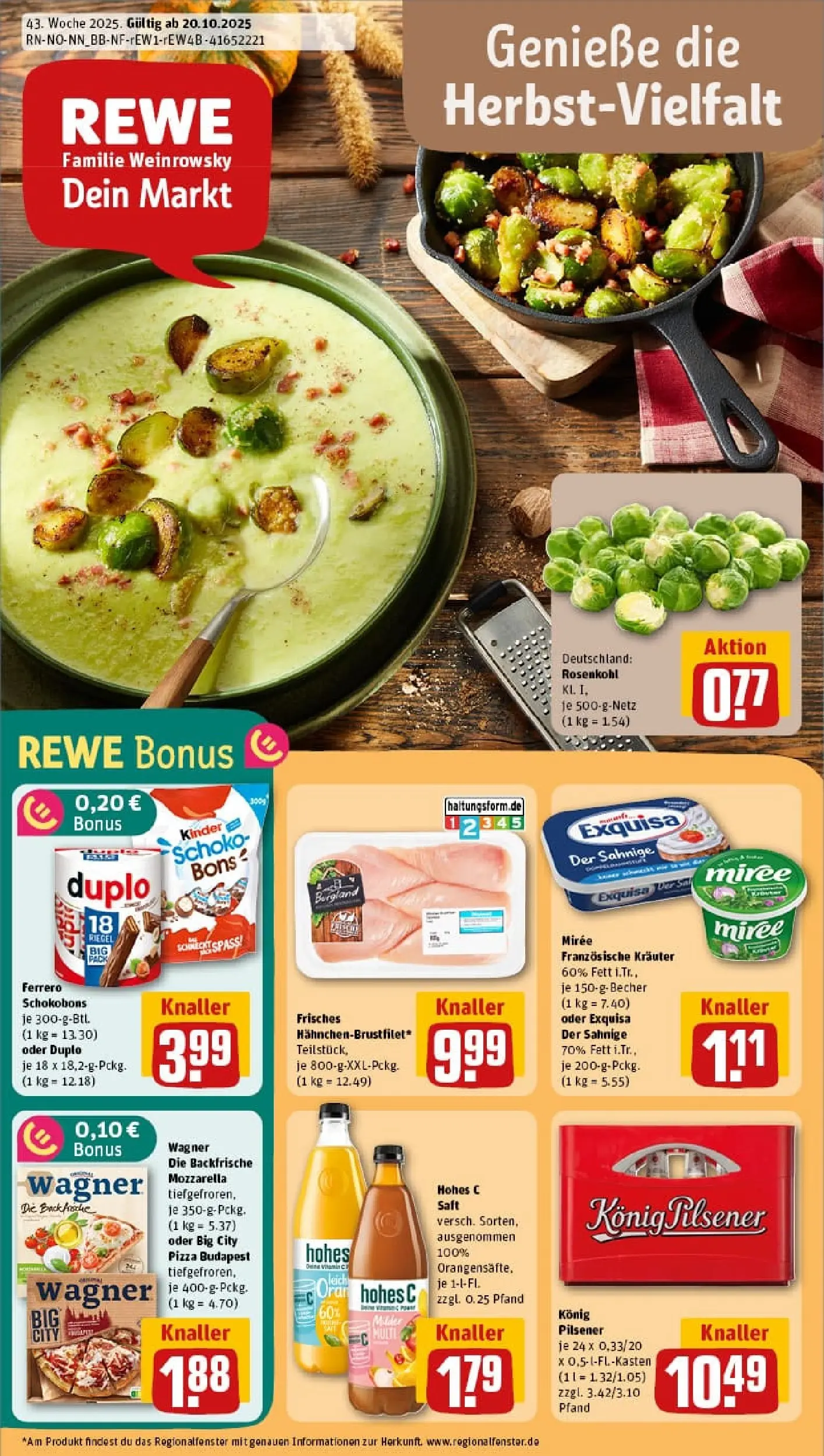 REWE Prospekt ab 19.10.2025 zum Blättern » Angebote | Seite: 1 | Produkte: Konig pilsener, Mozzarella, Exquisa, Pizza