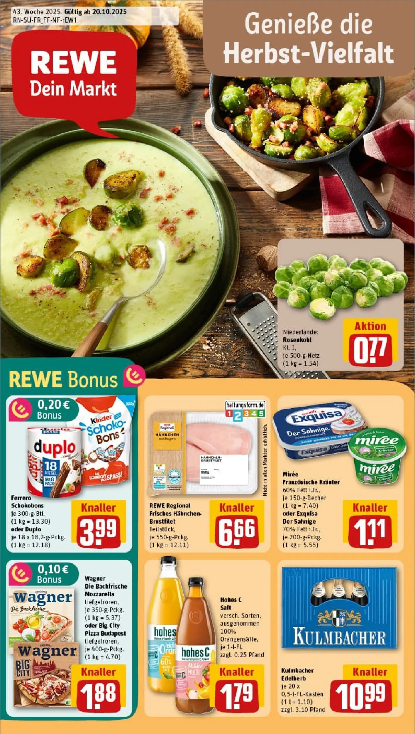 REWE Prospekt ab 19.10.2025 zum Blättern » Angebote | Seite: 1 | Produkte: Mozzarella, Exquisa, Hohes c, Pizza
