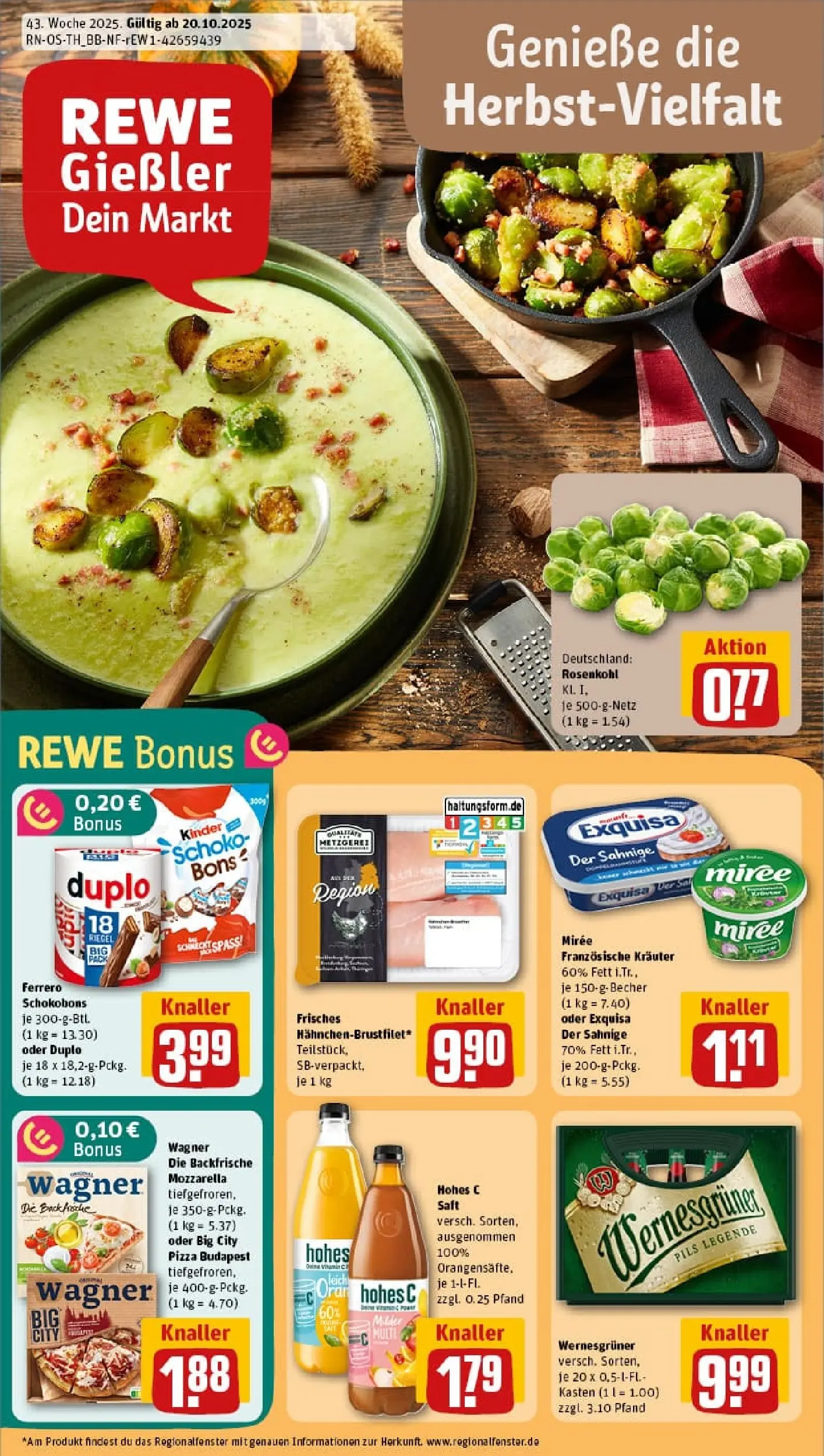 REWE Prospekt ab 19.10.2025 zum Blättern » Angebote | Seite: 1 | Produkte: Mozzarella, Pils, Wernesgruner, Saft