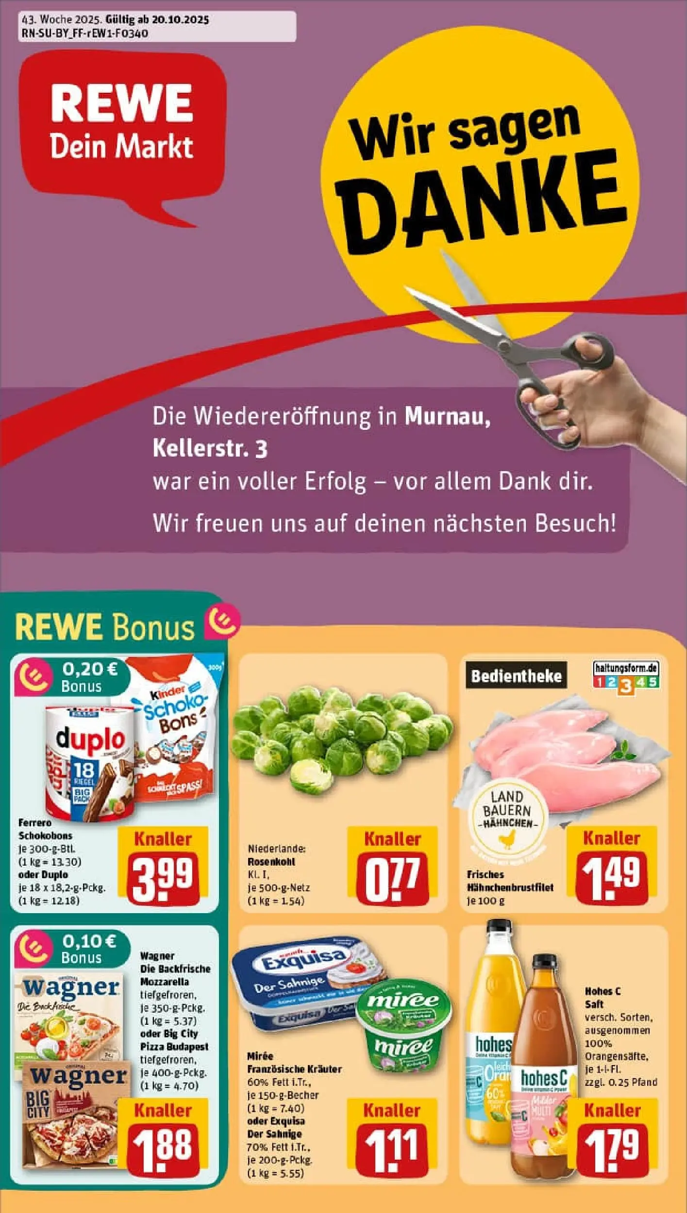 REWE Prospekt ab 19.10.2025 zum Blättern » Angebote | Seite: 1 | Produkte: Hahnchen, Mozzarella, Exquisa, Saft