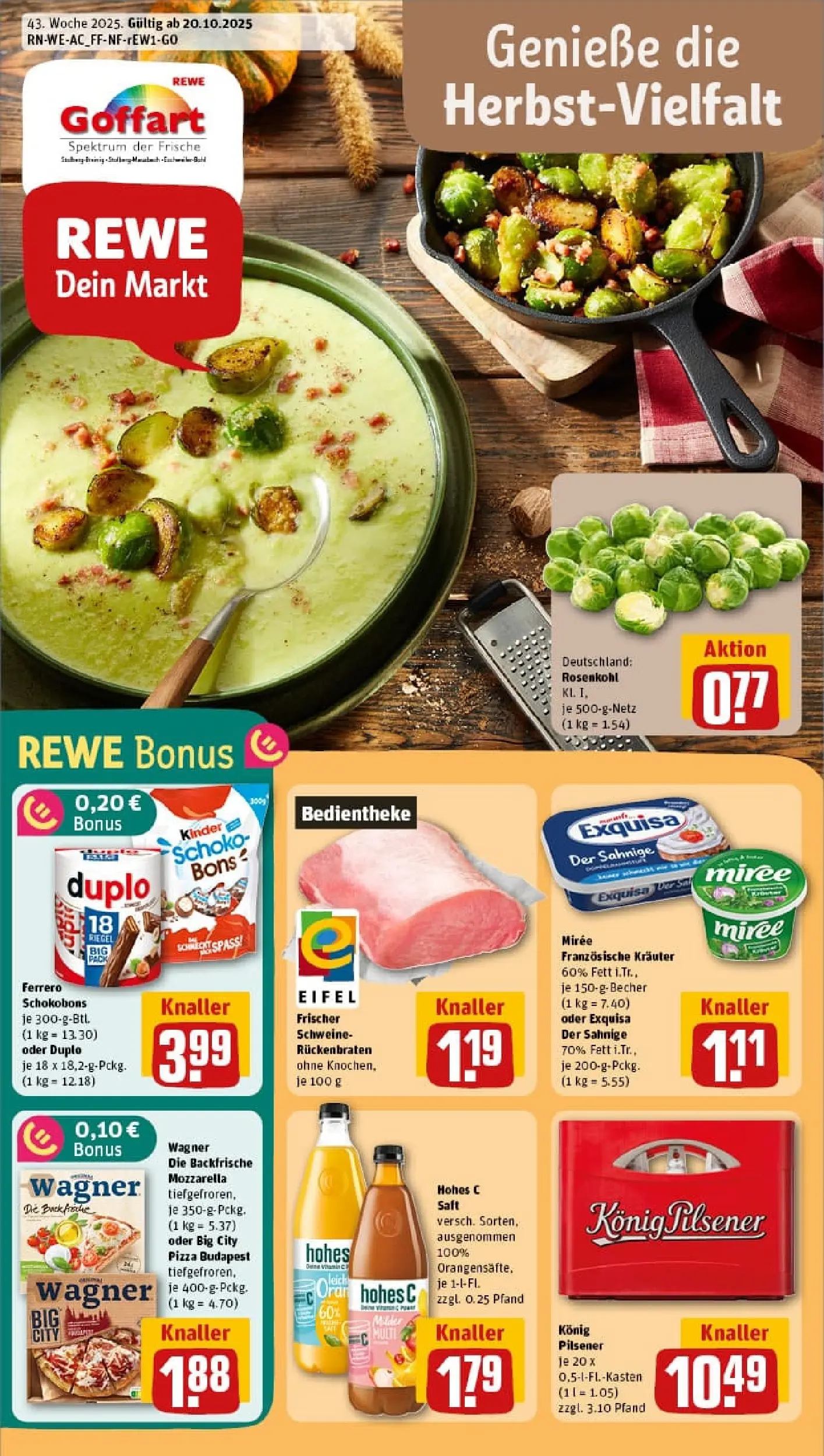 REWE Prospekt ab 19.10.2025 zum Blättern » Angebote | Seite: 1 | Produkte: Konig pilsener, Mozzarella, Exquisa, Pizza
