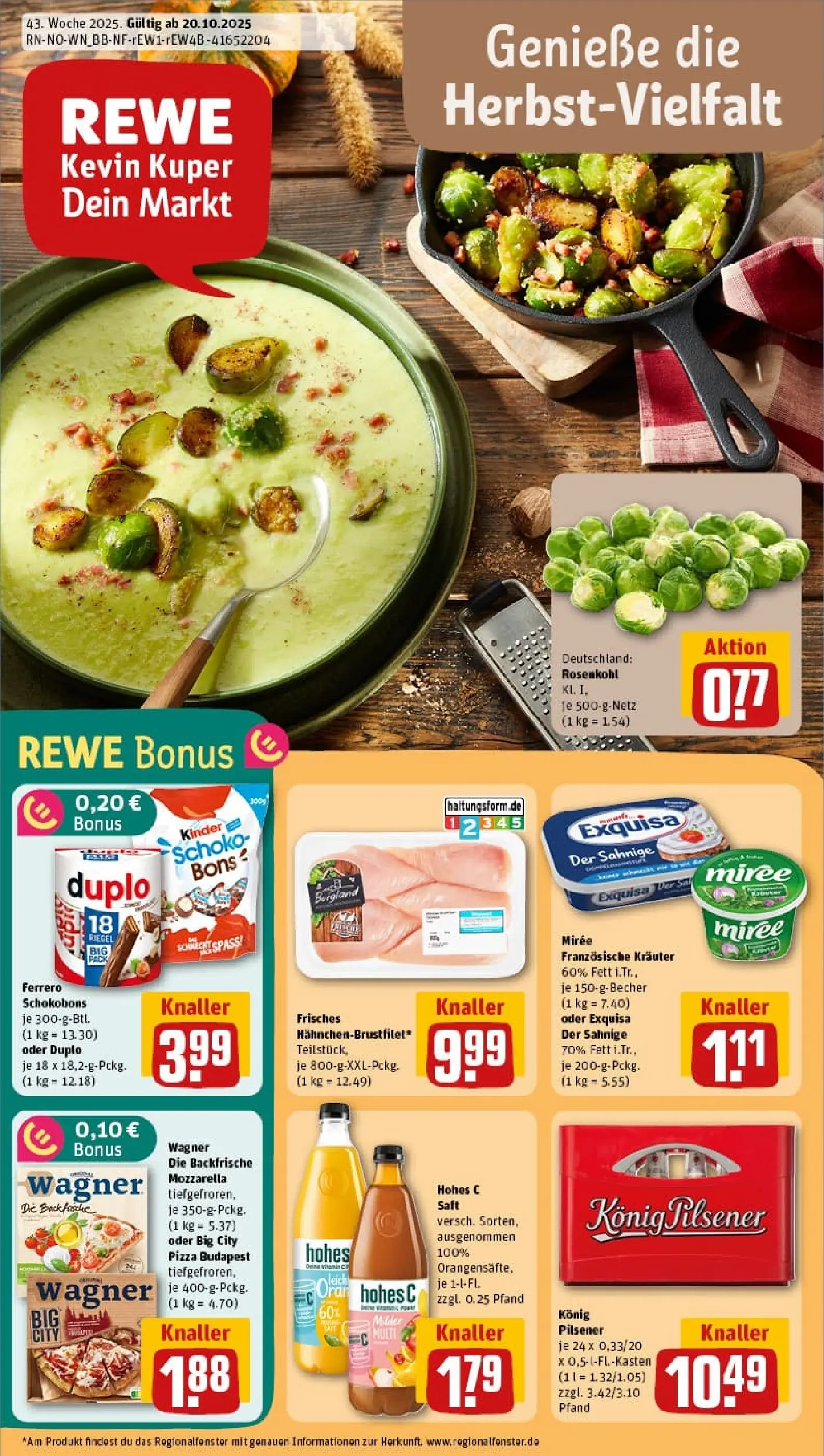 REWE Prospekt ab 19.10.2025 zum Blättern » Angebote | Seite: 1 | Produkte: Konig pilsener, Mozzarella, Exquisa, Saft