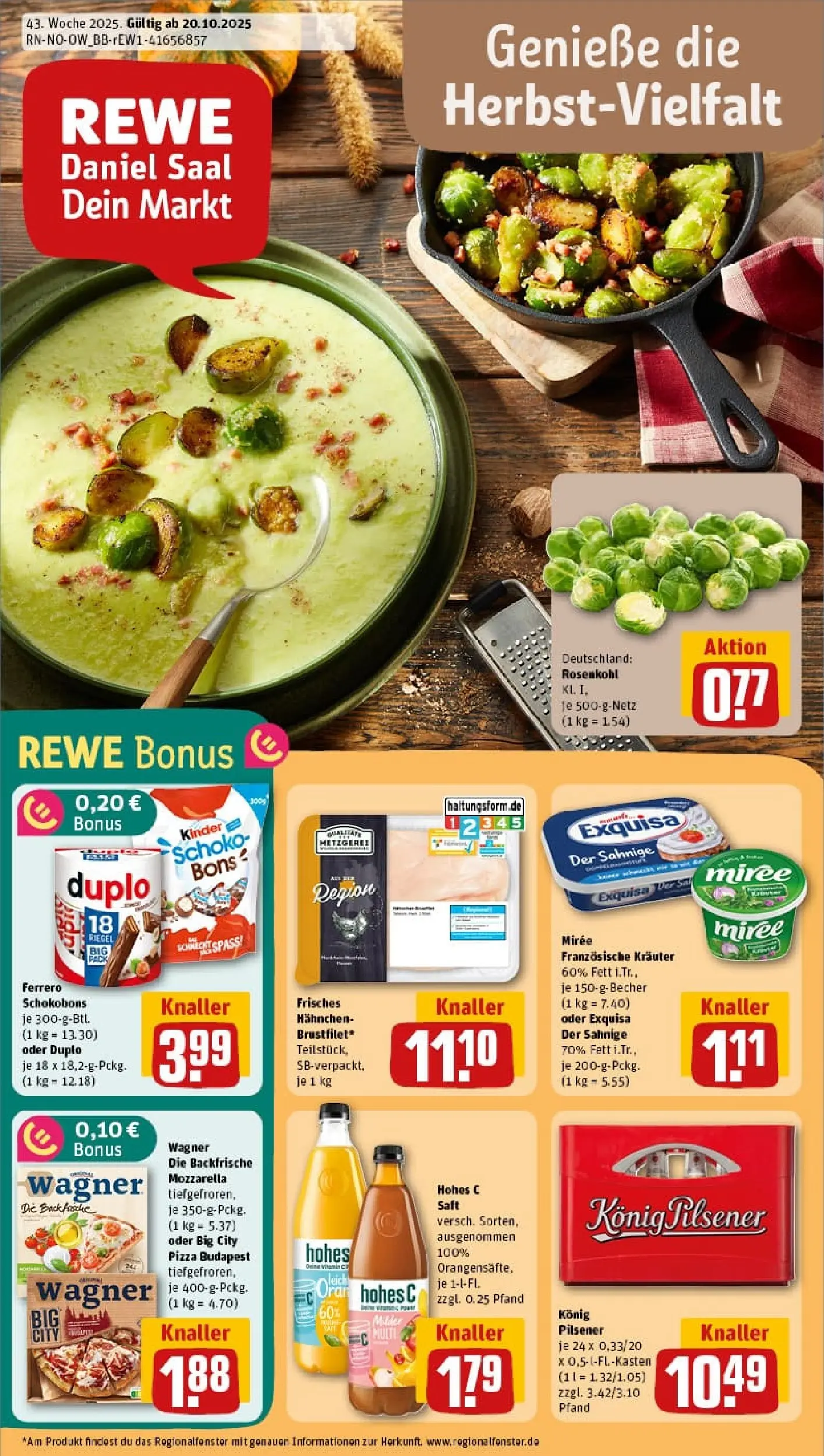 REWE Prospekt ab 19.10.2025 zum Blättern » Angebote | Seite: 1 | Produkte: Hahnchen, Mozzarella, Exquisa, Saft