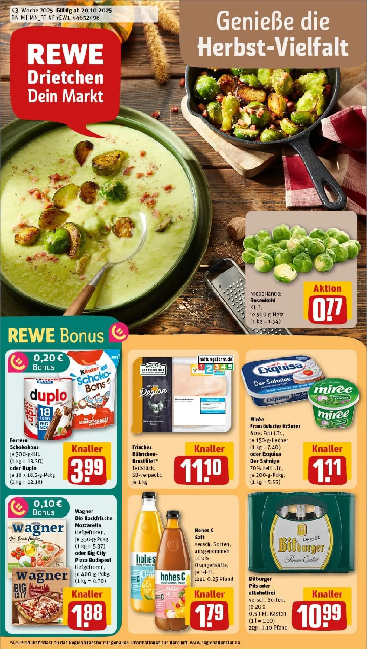 REWE Prospekt ab 19.10.2025 zum Blättern » Angebote | Seite: 1 | Produkte: Mozzarella, Pils, Pizza, Saft