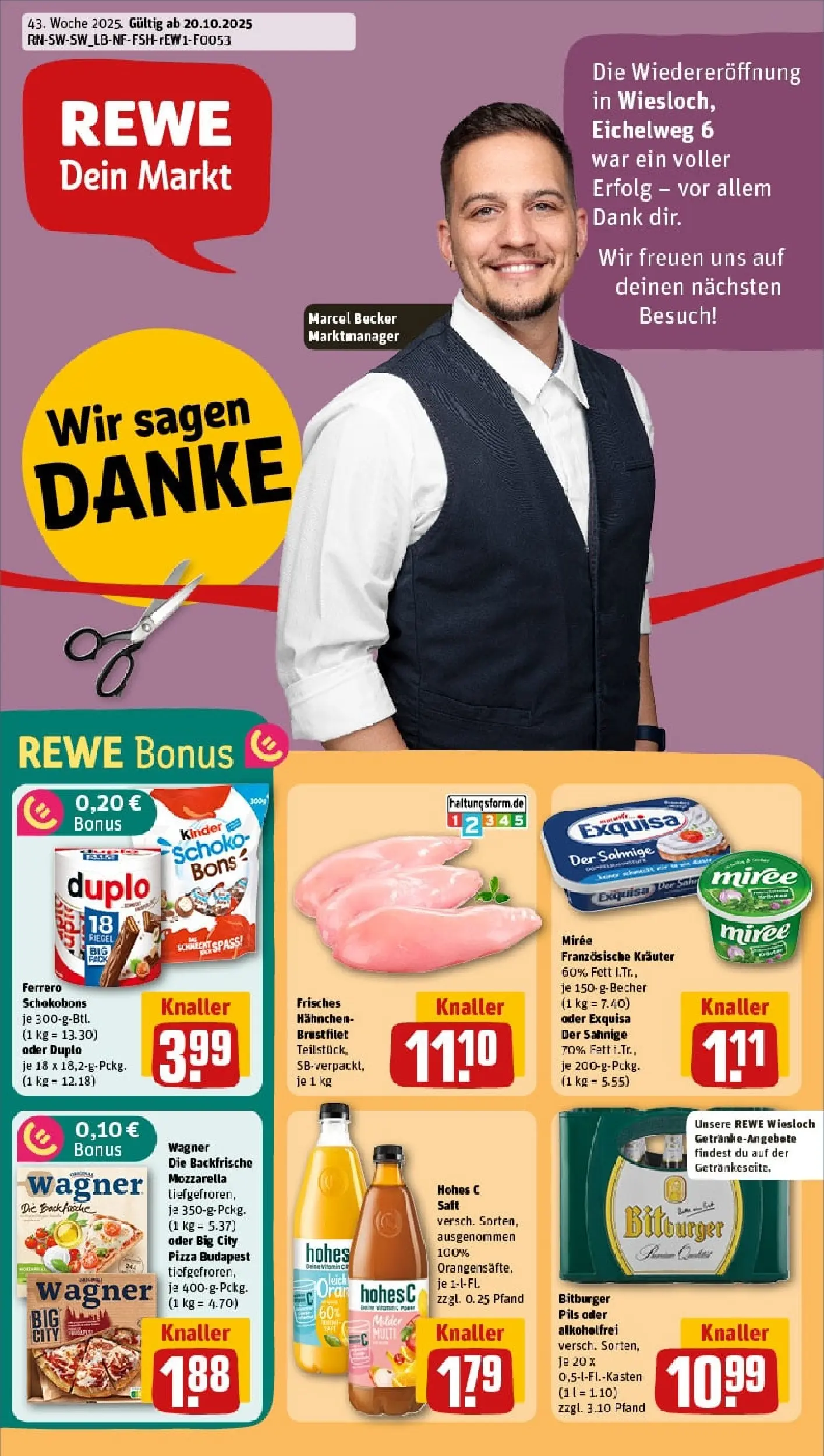 REWE Prospekt ab 19.10.2025 zum Blättern » Angebote | Seite: 1 | Produkte: Bitburger, Exquisa, Hohes c, Saft