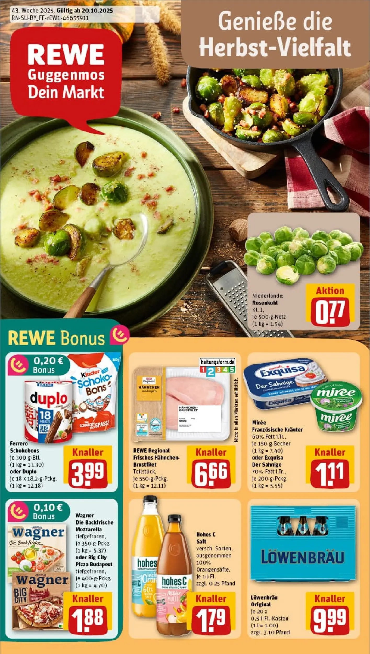 REWE Prospekt ab 19.10.2025 zum Blättern » Angebote | Seite: 1 | Produkte: Hahnchen, Exquisa, Pizza, Saft