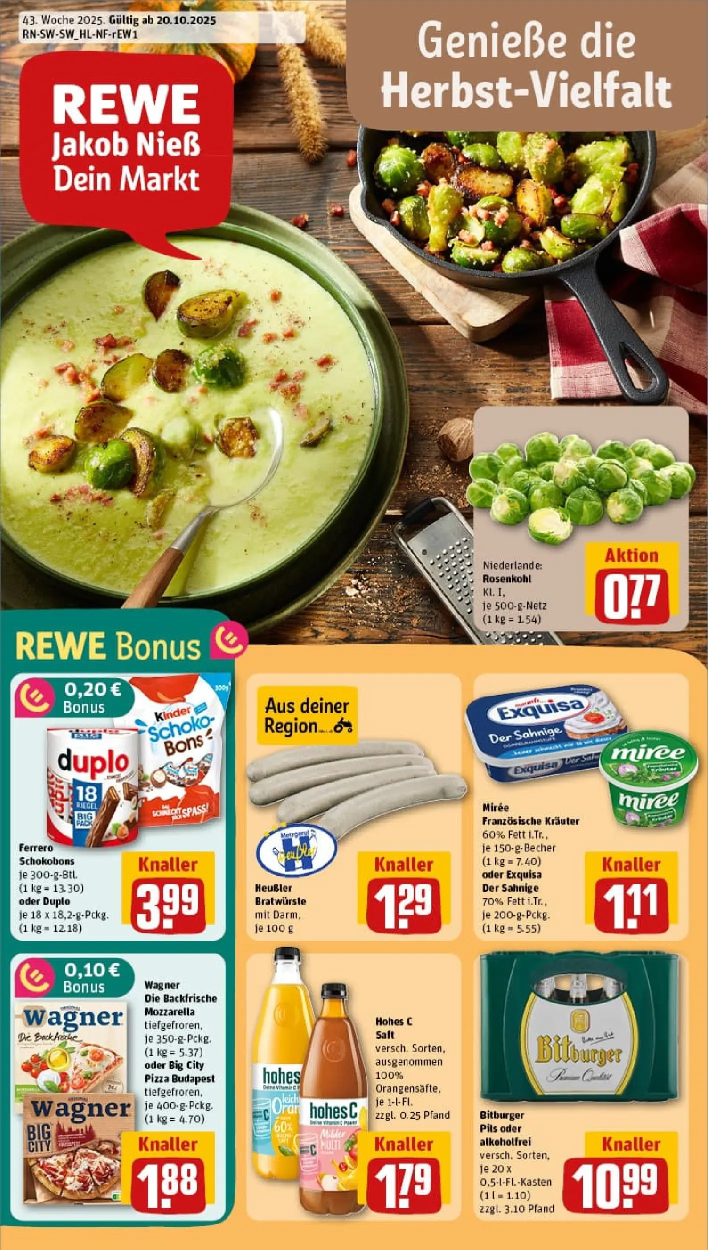 REWE Prospekt ab 19.10.2025 zum Blättern » Angebote | Seite: 1 | Produkte: Mozzarella, Pils, Hohes c, Saft