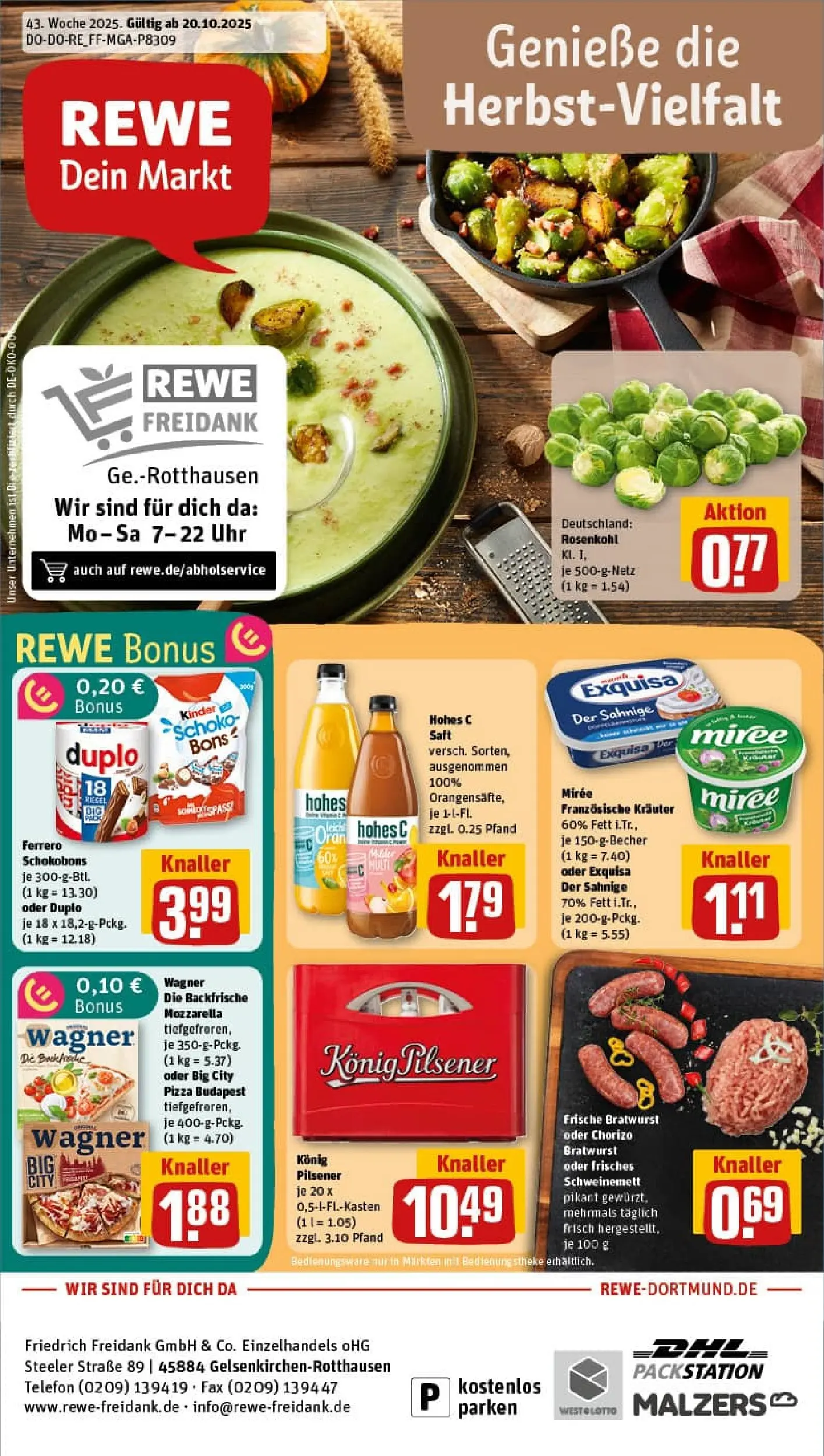 REWE Prospekt ab 19.10.2025 zum Blättern » Angebote | Seite: 1 | Produkte: Pizza, Saft, Telefon, Uhr