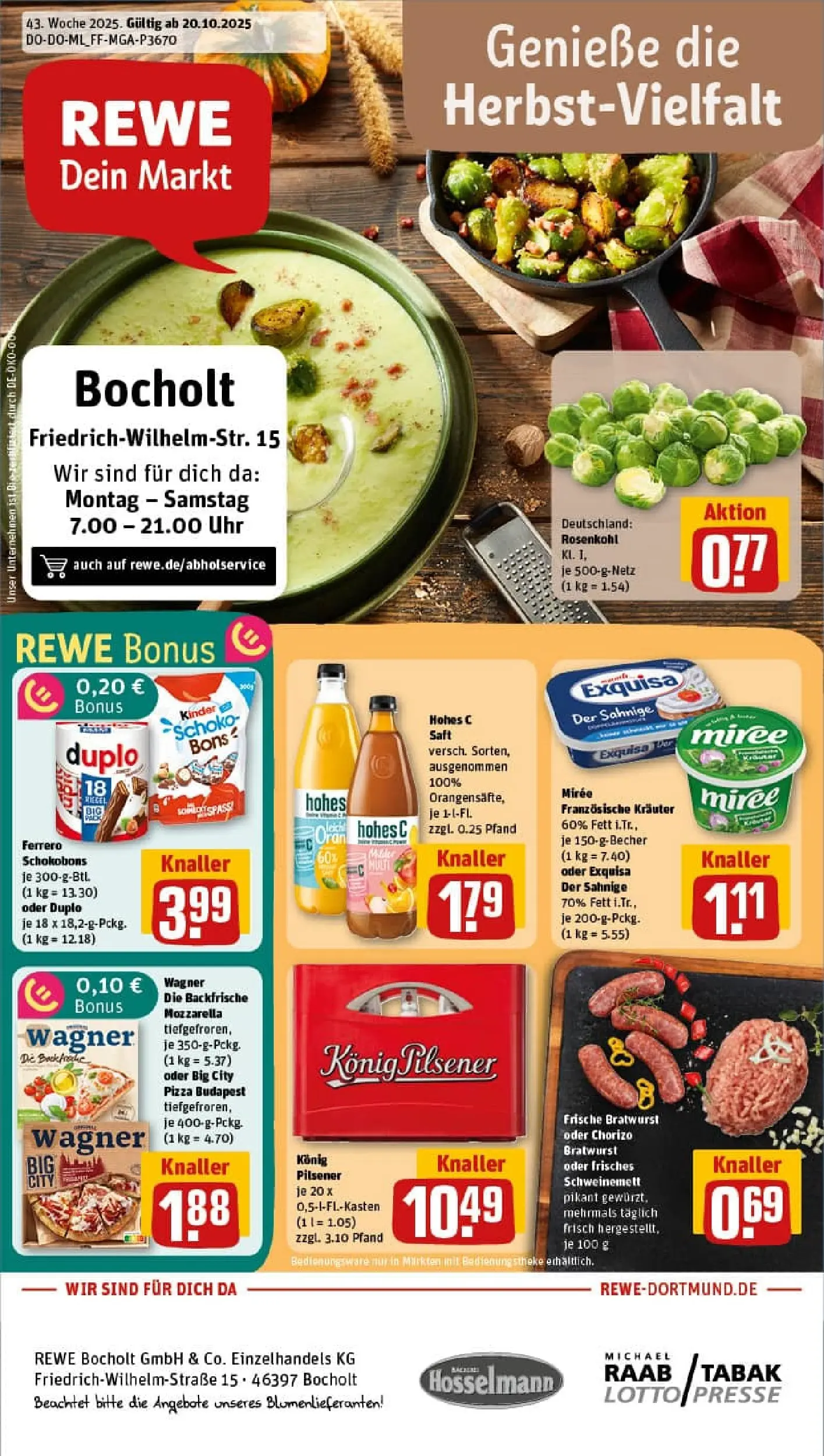 REWE Prospekt ab 19.10.2025 zum Blättern » Angebote | Seite: 1 | Produkte: Konig pilsener, Mozzarella, Exquisa, Uhr