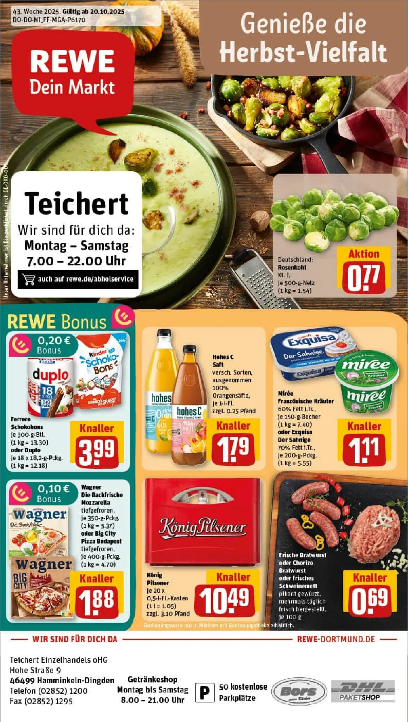 REWE Prospekt ab 19.10.2025 zum Blättern » Angebote | Seite: 1 | Produkte: Konig pilsener, Mozzarella, Hohes c, Uhr