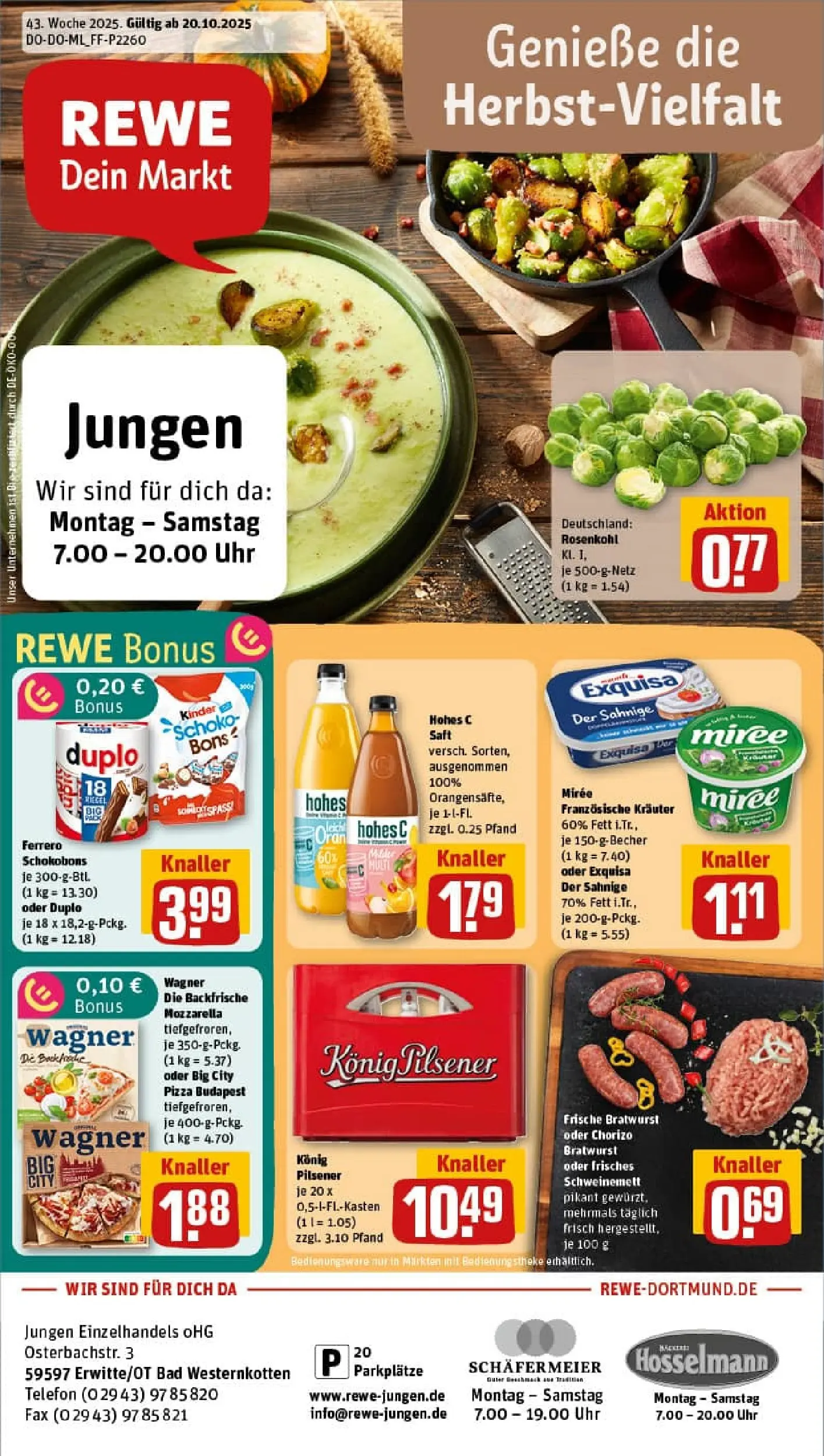 REWE Prospekt ab 19.10.2025 zum Blättern » Angebote | Seite: 1 | Produkte: Mozzarella, Bratwurst, Saft, Telefon