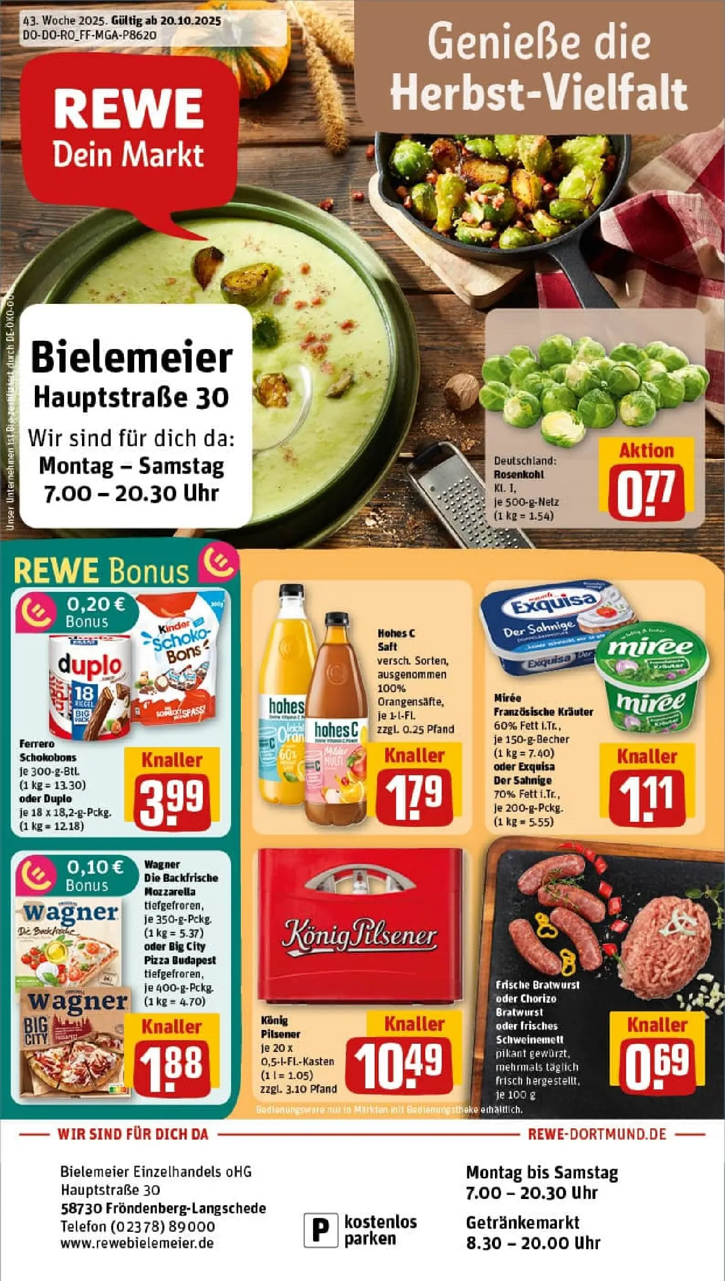 REWE Prospekt ab 19.10.2025 zum Blättern » Angebote | Seite: 1 | Produkte: Mozzarella, Bratwurst, Exquisa, Uhr