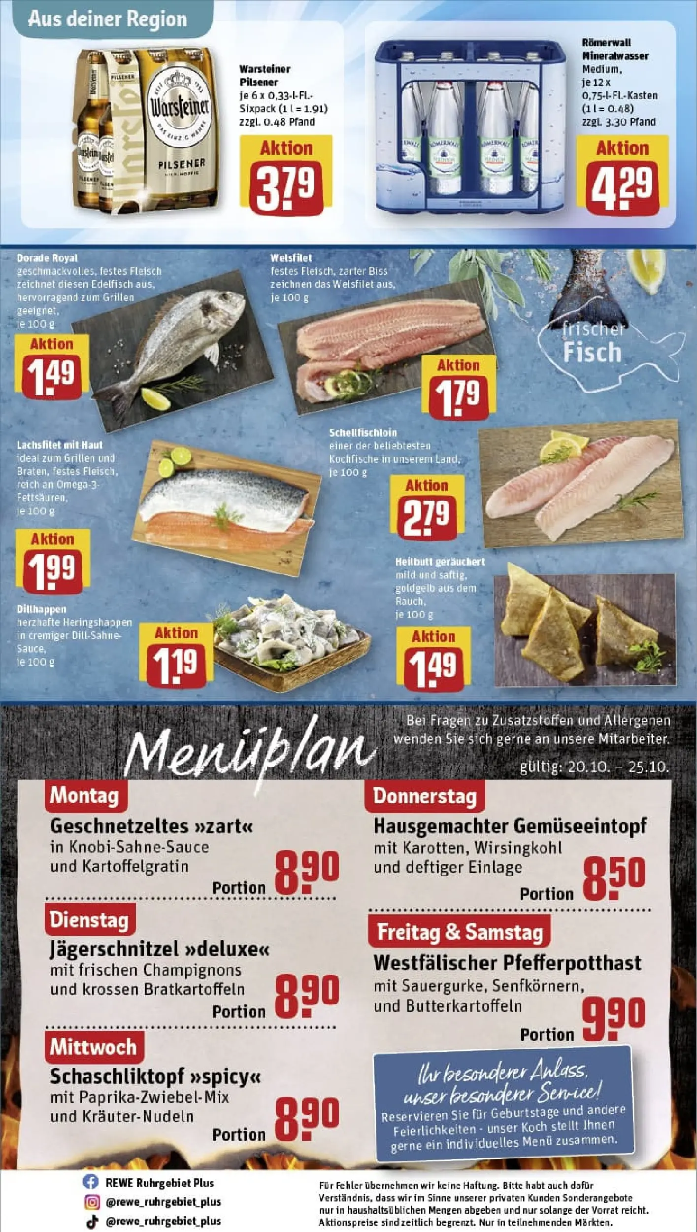 REWE Prospekt ab 19.10.2025 zum Blättern » Angebote | Seite: 32 | Produkte: Dorade, Mineralwasser, Warsteiner, Fleisch