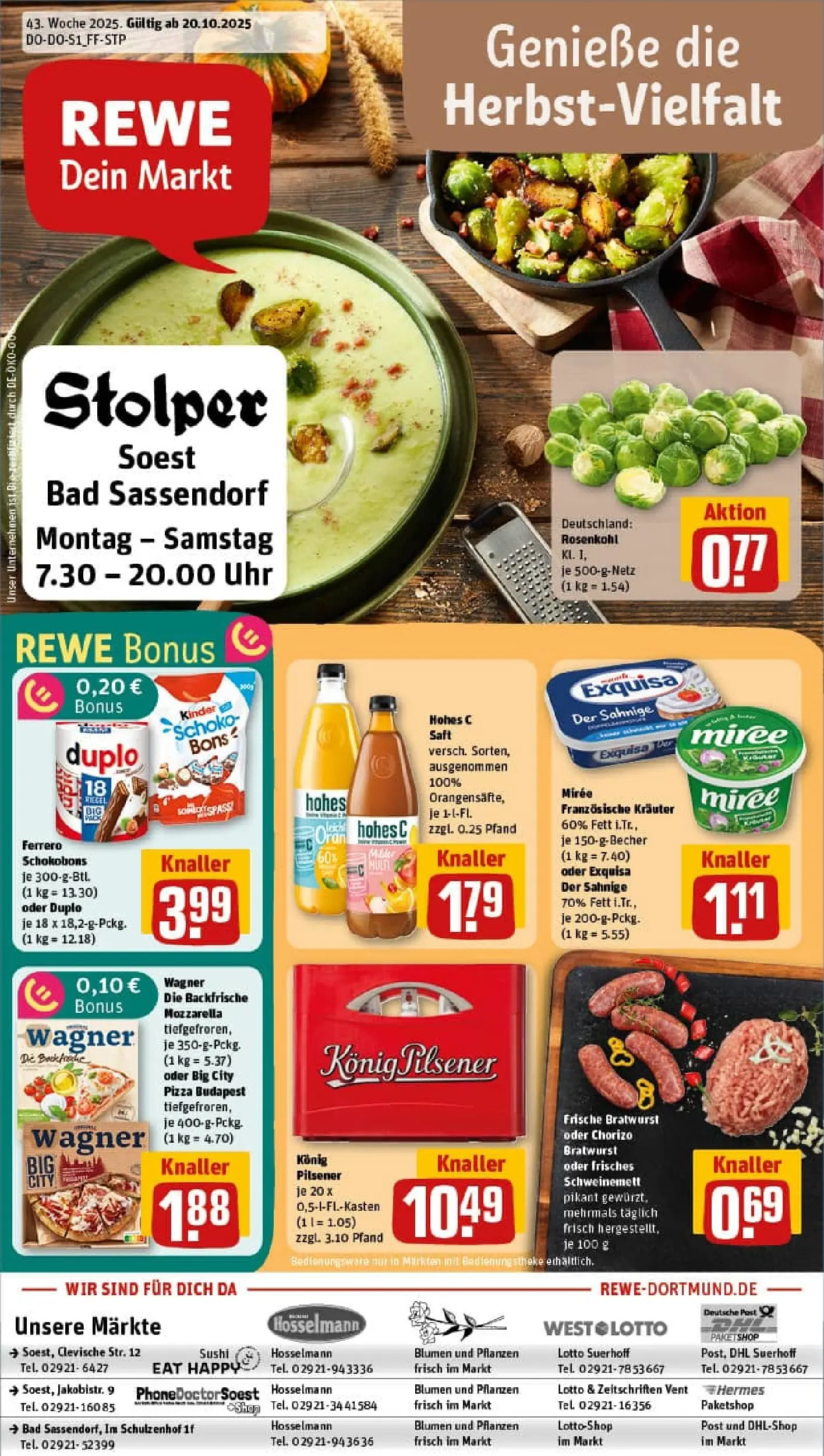 REWE Prospekt ab 19.10.2025 zum Blättern » Angebote | Seite: 1 | Produkte: Konig pilsener, Bratwurst, Exquisa, Saft