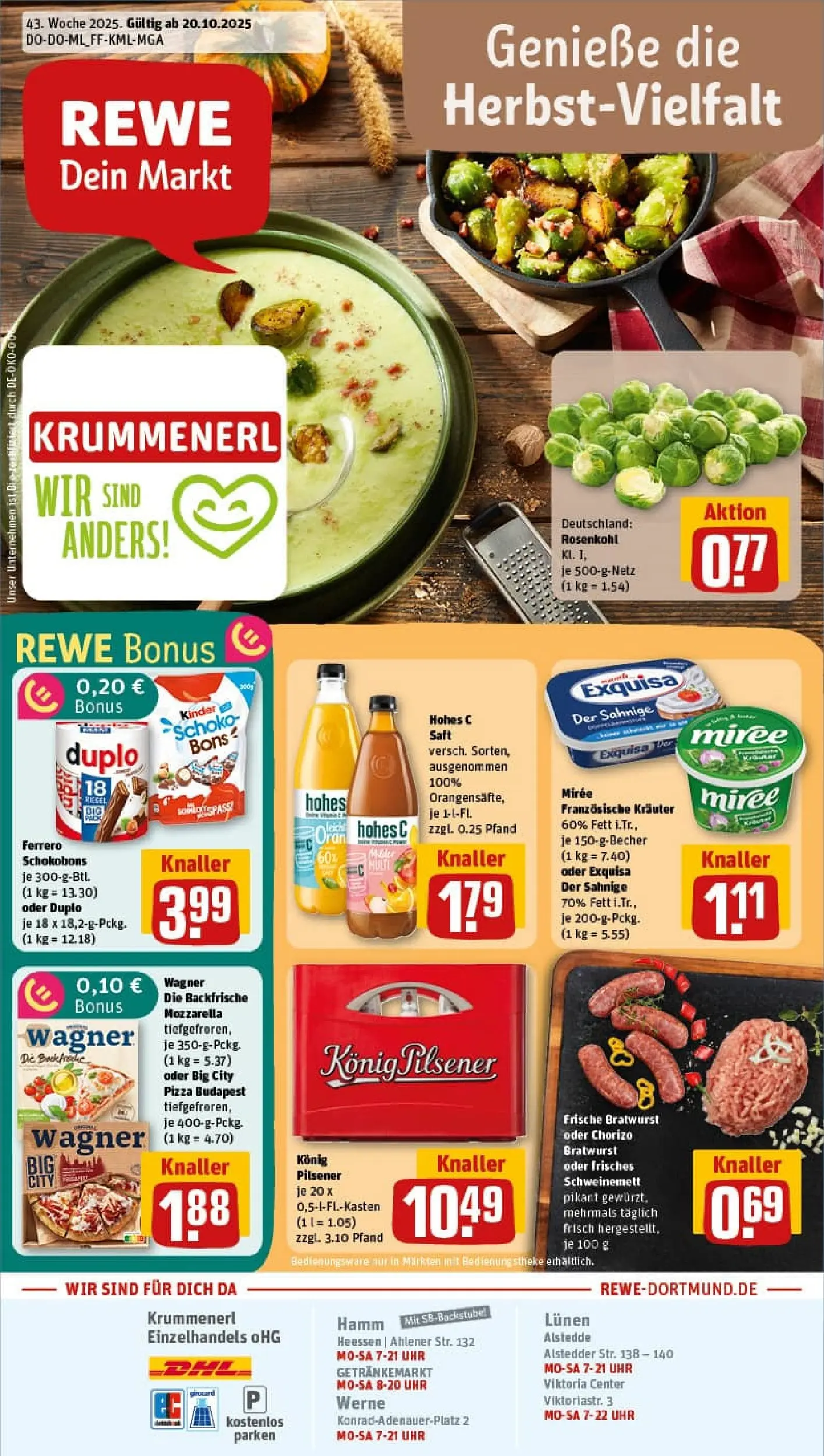 REWE Prospekt ab 19.10.2025 zum Blättern » Angebote | Seite: 1 | Produkte: Konig pilsener, Mozzarella, Exquisa, Hohes c