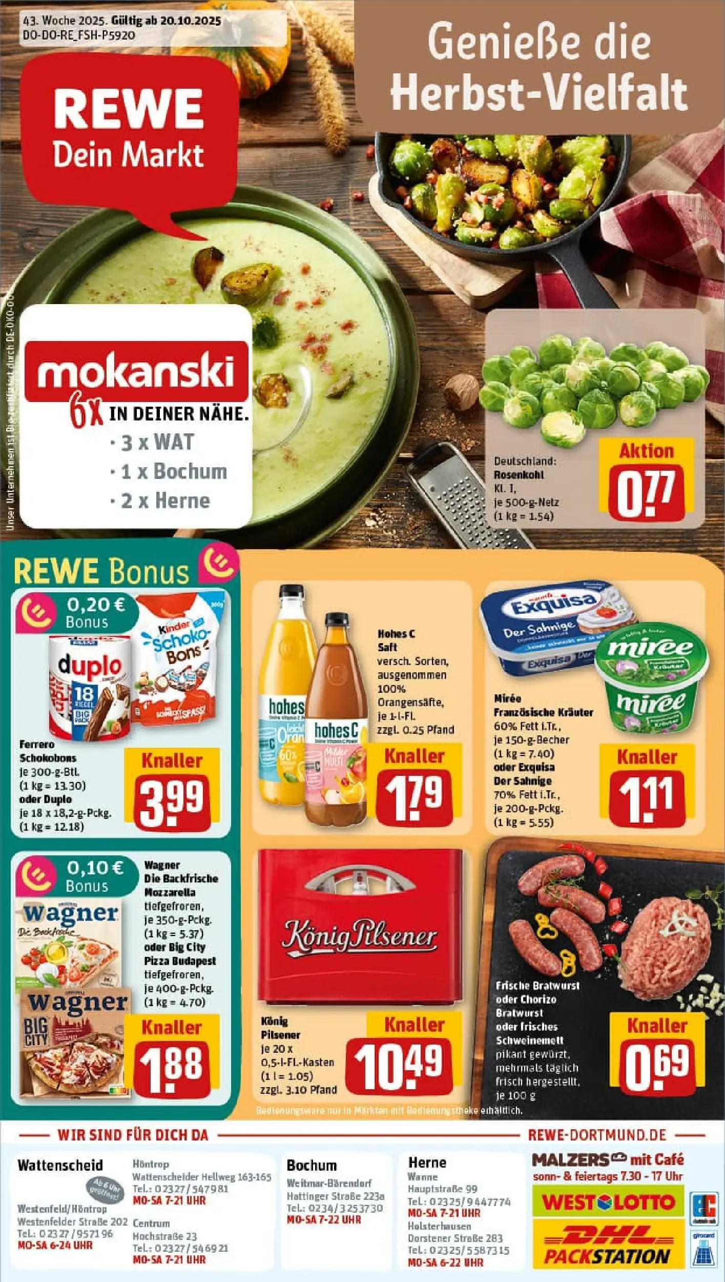 REWE Prospekt ab 19.10.2025 zum Blättern » Angebote | Seite: 1 | Produkte: Konig pilsener, Bratwurst, Hohes c, Uhr